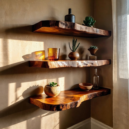 TimberFlow Solid Wood Live Edge Floating Shelf – Corner Wall Display - Bespoke Wood TTK