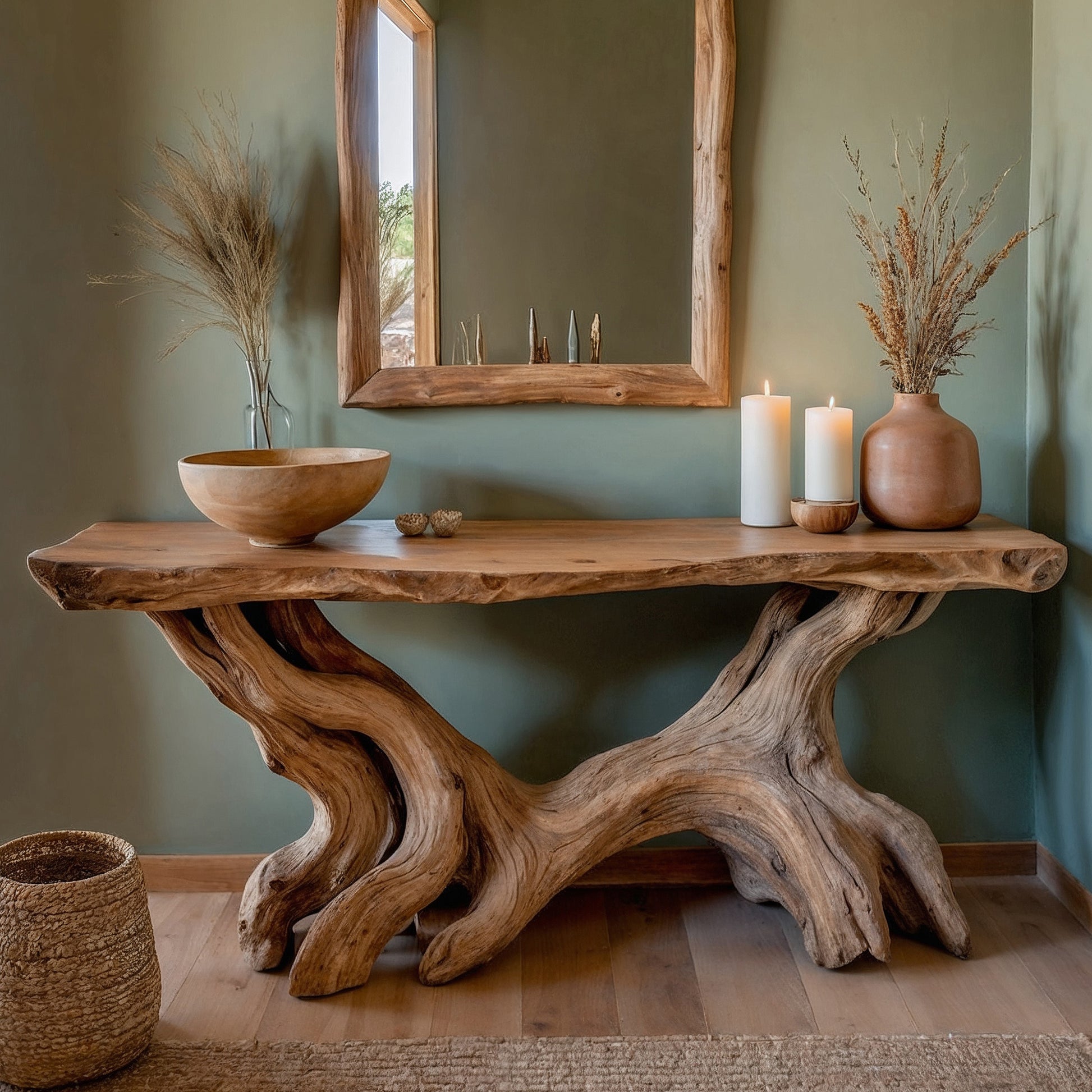 RootHollow Console Table – Handmade Rustic Entry Table with Live Edge Design - Bespoke Wood TTK