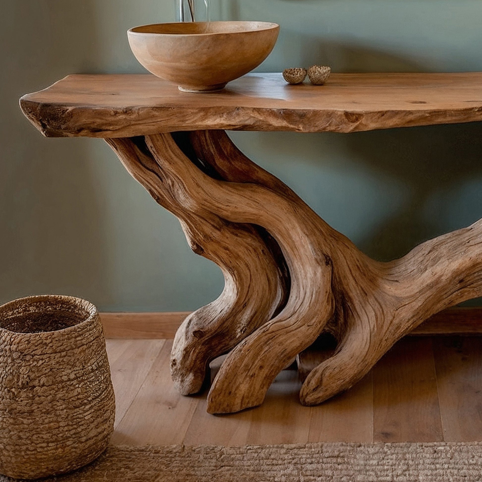 RootHollow Console Table – Handmade Rustic Entry Table with Live Edge Design - Bespoke Wood TTK
