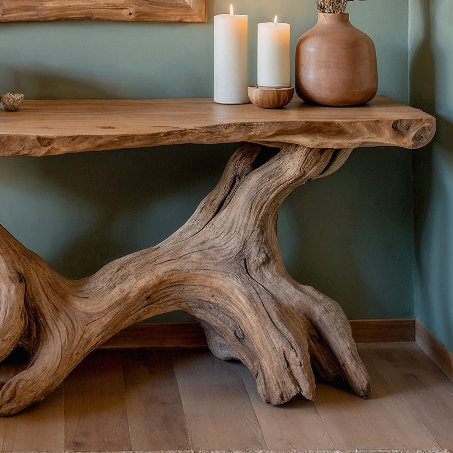 RootHollow Console Table – Handmade Rustic Entry Table with Live Edge Design - Bespoke Wood TTK