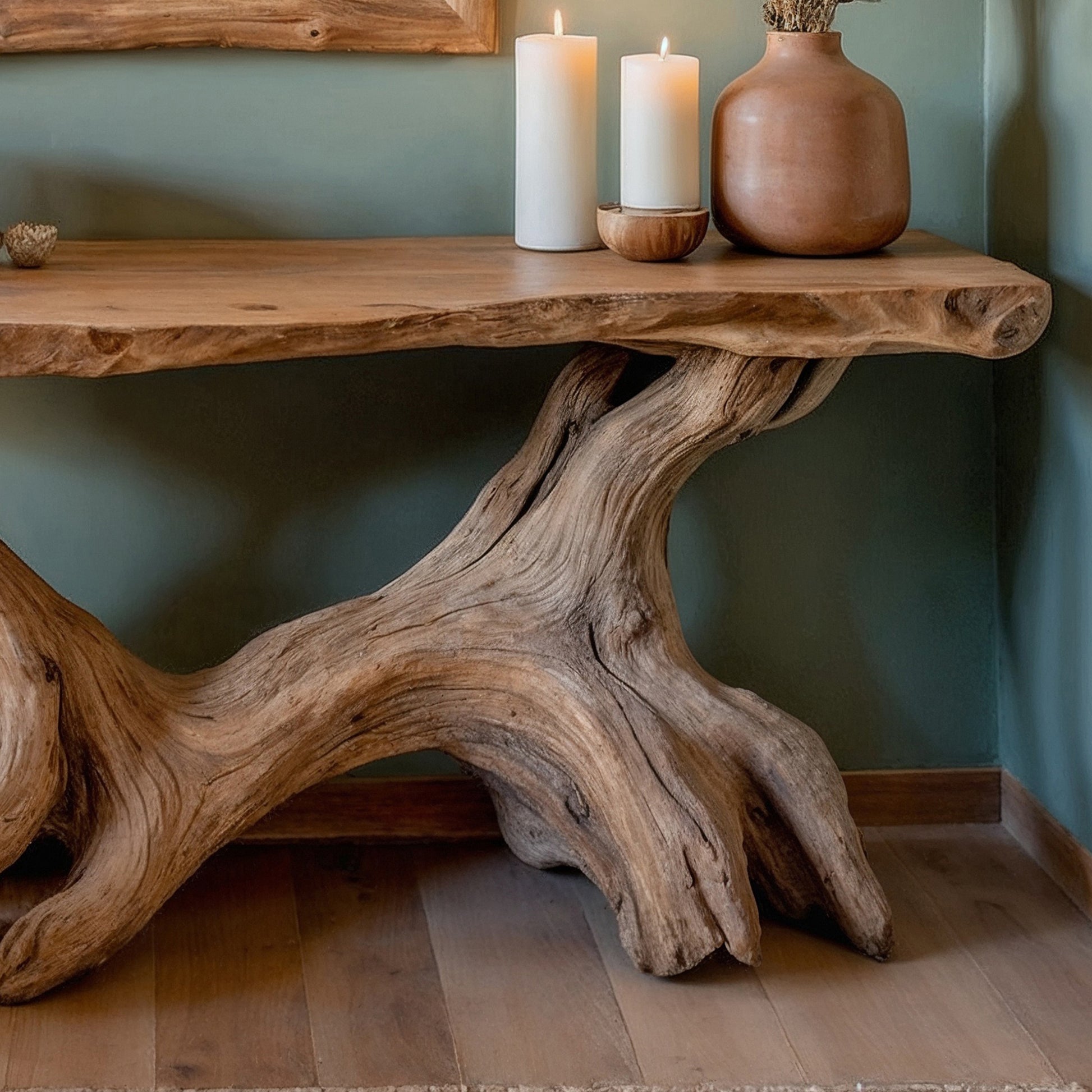RootHollow Console Table – Handmade Rustic Entry Table with Live Edge Design - Bespoke Wood TTK