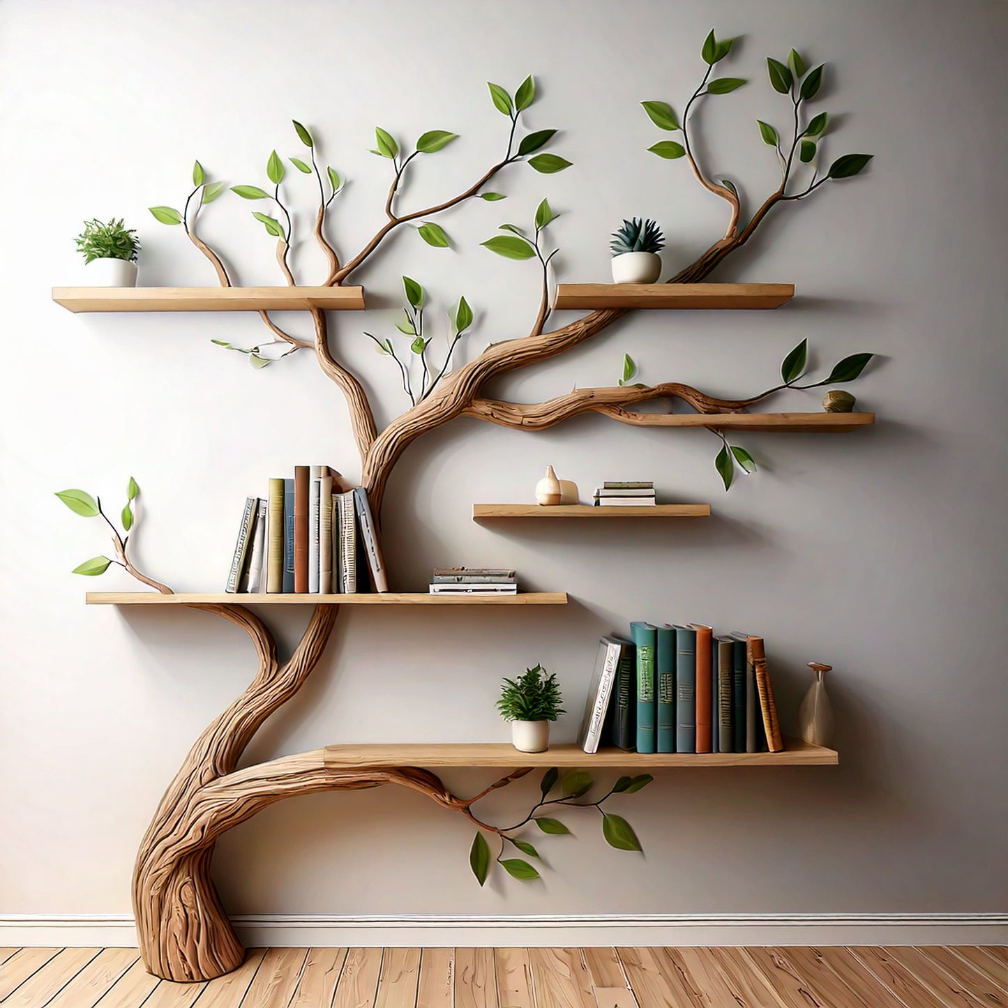 LeafNest Tree Bookshelf – Nature-Inspired Wall Bookcase with Live Edge Wood Shelves - Bespoke Wood TTK
