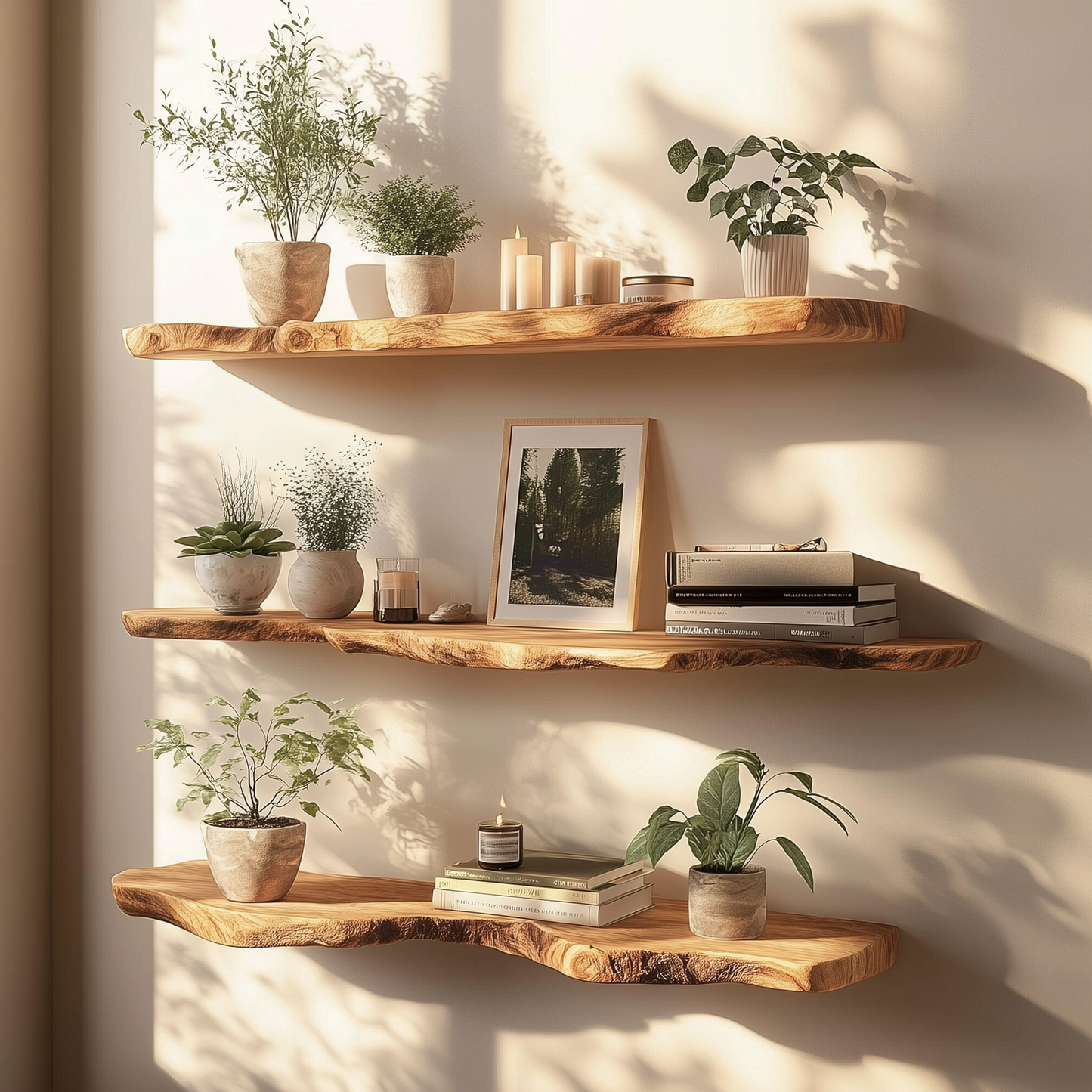 SunBranch Floating Shelf – Rustic Live Edge Wall Shelves for Plants, Books & Decor - Bespoke Wood TTK