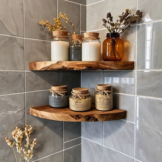 AmberNook Floating Shelf – Handcrafted Live Edge Corner Wood Display - Bespoke Wood TTK