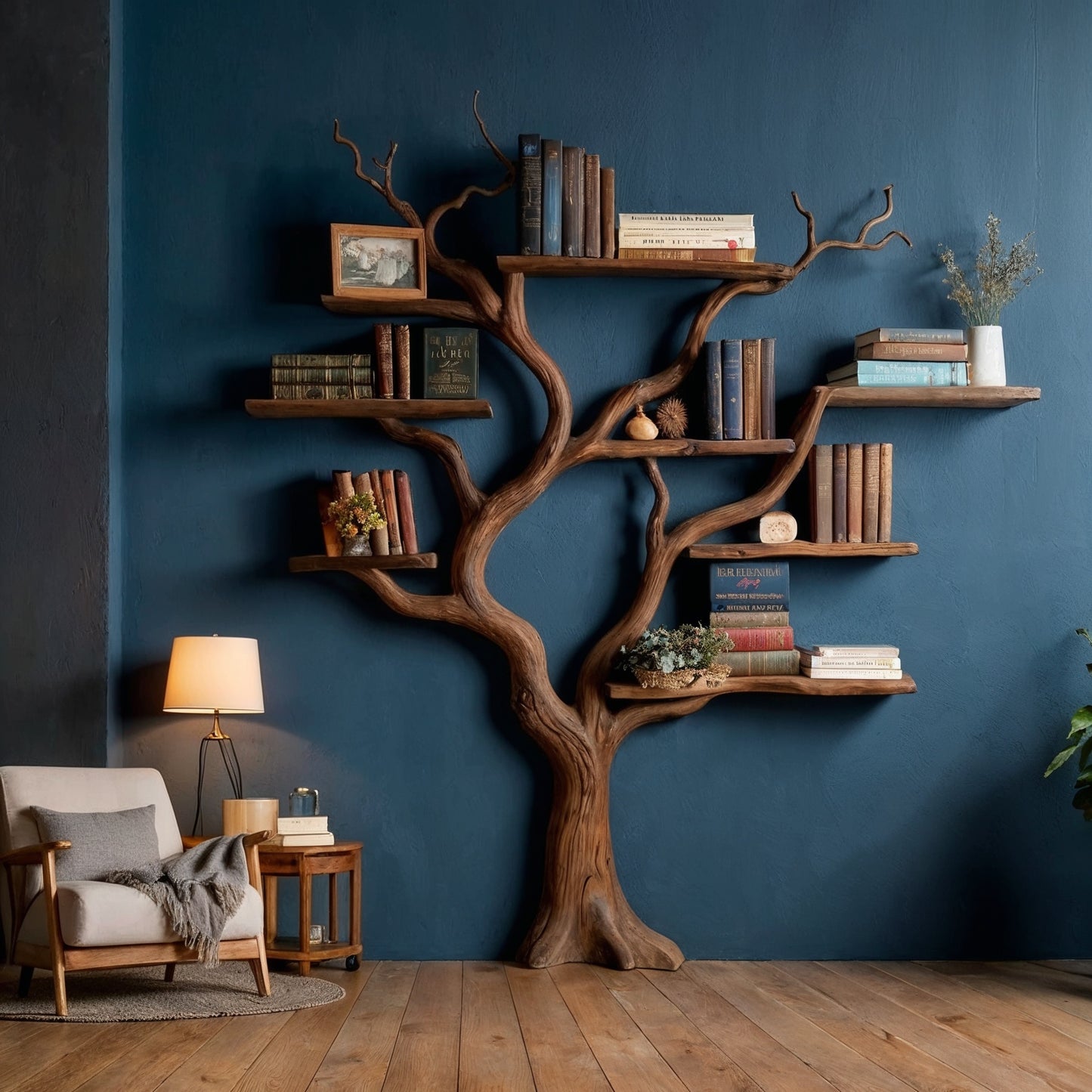 Oakspire Tree Bookshelf – Handmade Live Edge Wooden Wall Bookcase for Rustic Home Decor - Bespoke Wood TTK
