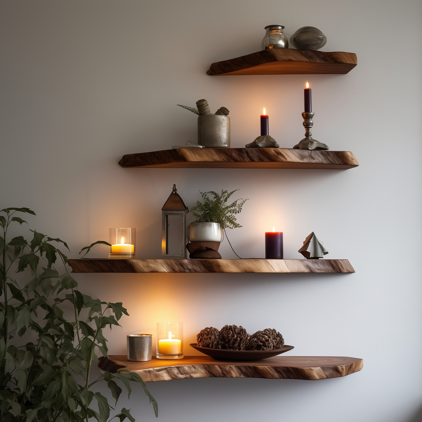 GlowNest Floating Shelf Set – Live Edge Rustic Wood Wall Display with Candle Decor - Bespoke Wood TTK