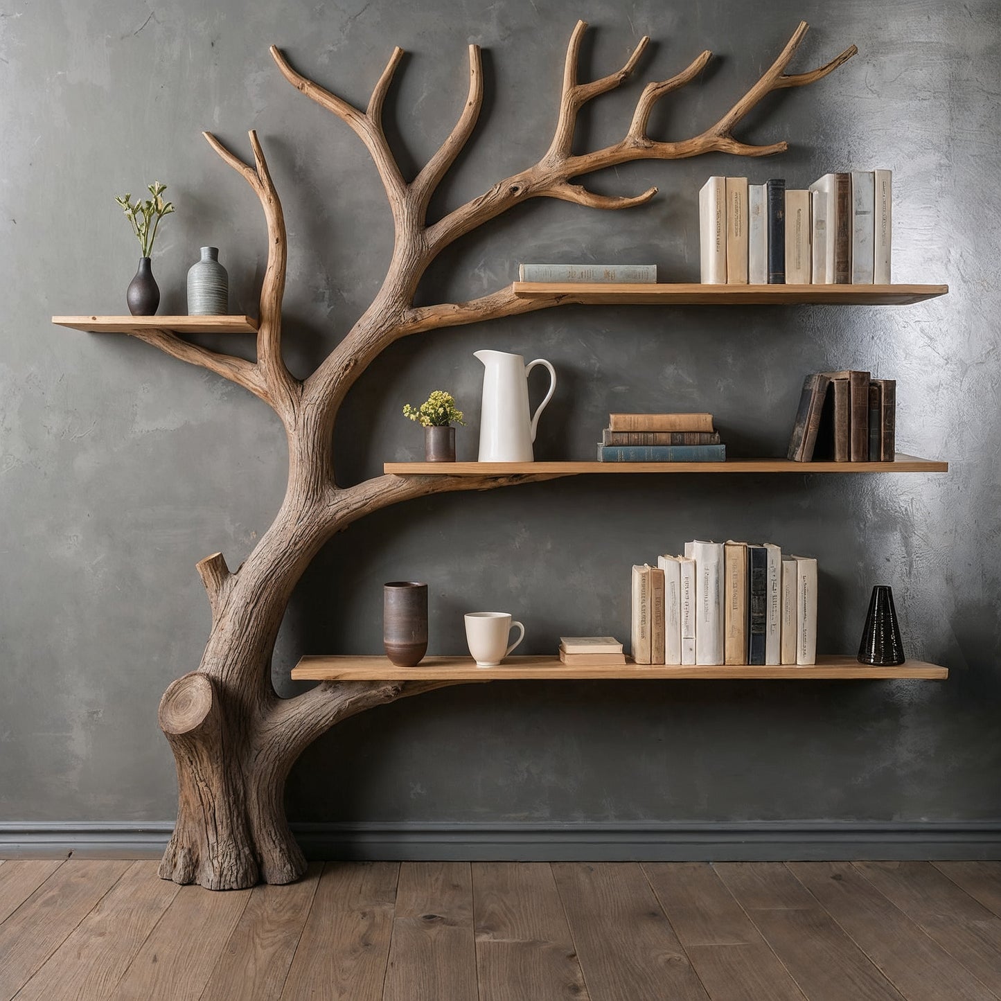 BranchCrest Tree Bookshelf – Handmade Wooden Wall Shelf for Modern Decor - Bespoke Wood TTK