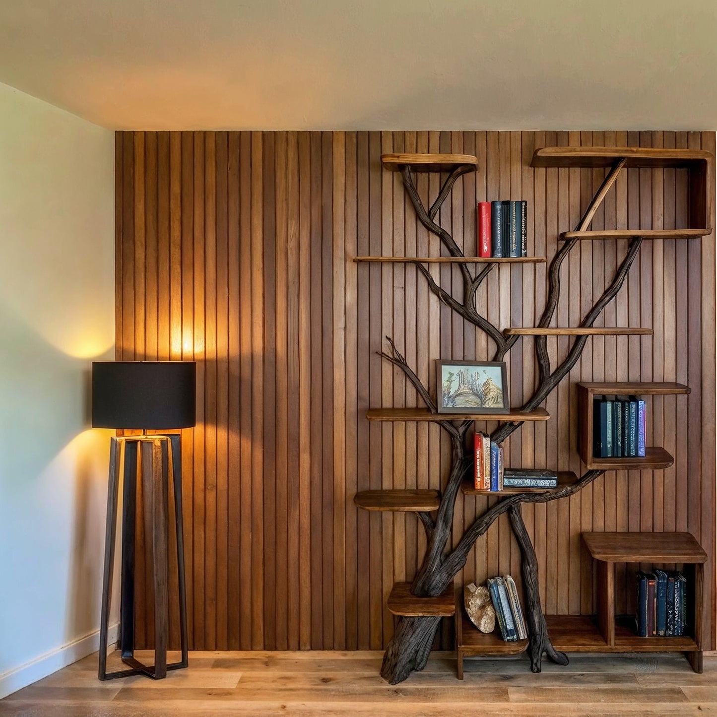 Trunkline Tree Bookshelf – Handmade Wall-Mounted Bookcase from Solid Wood Driftwood - Bespoke Wood TTK