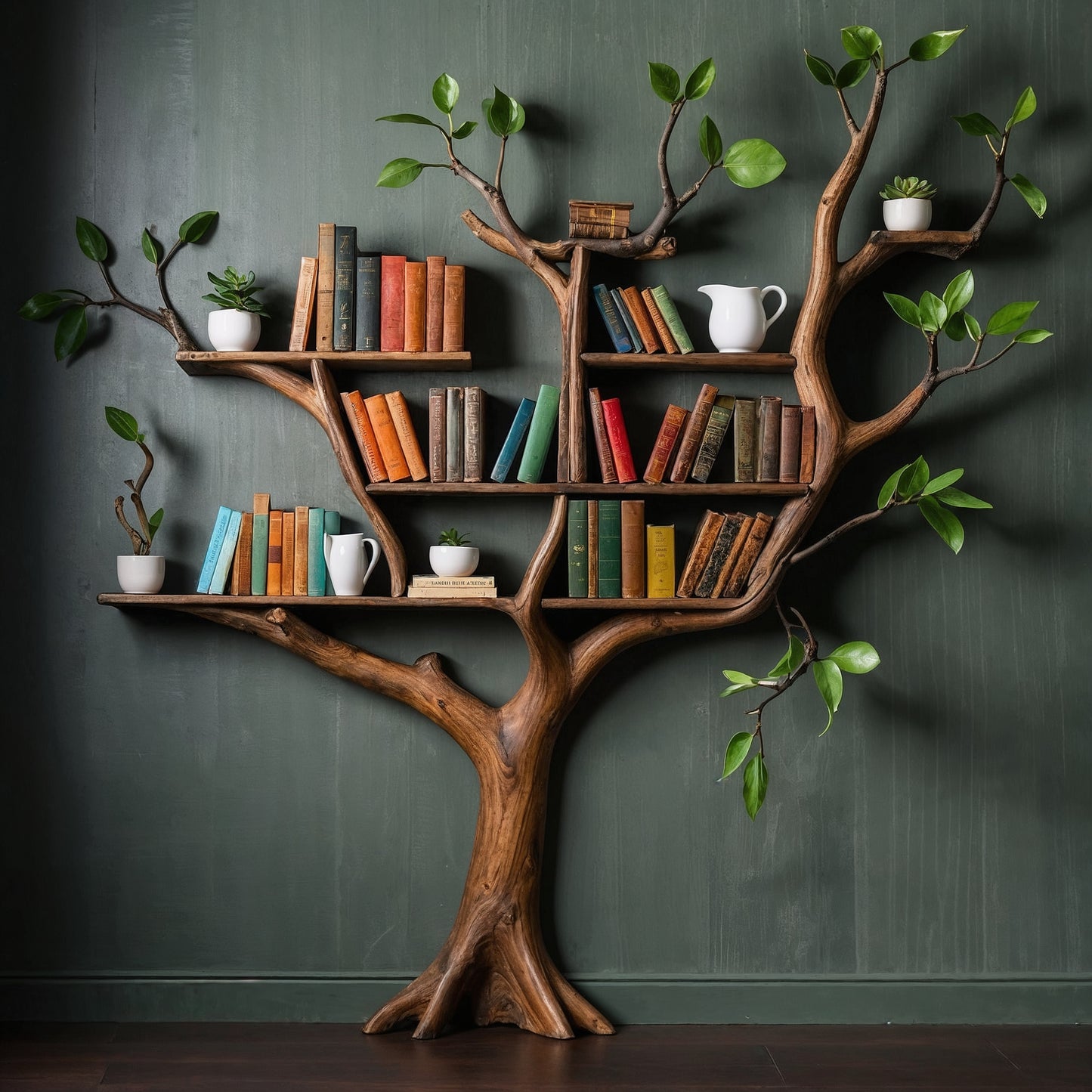 Everbloom Tree Bookshelf – Floating Wooden Wall Bookcase with Live Edge Shelves - Bespoke Wood TTK