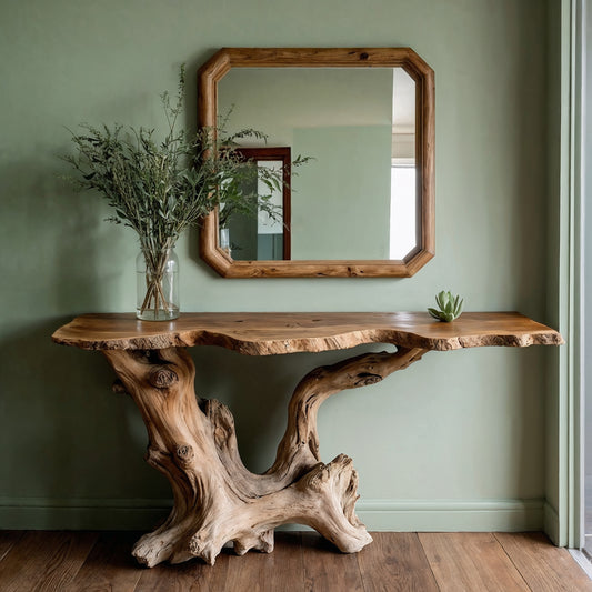 KnotRoot Console Table – Handmade Live Edge Wood Entryway Table with Organic Base - Bespoke Wood TTK