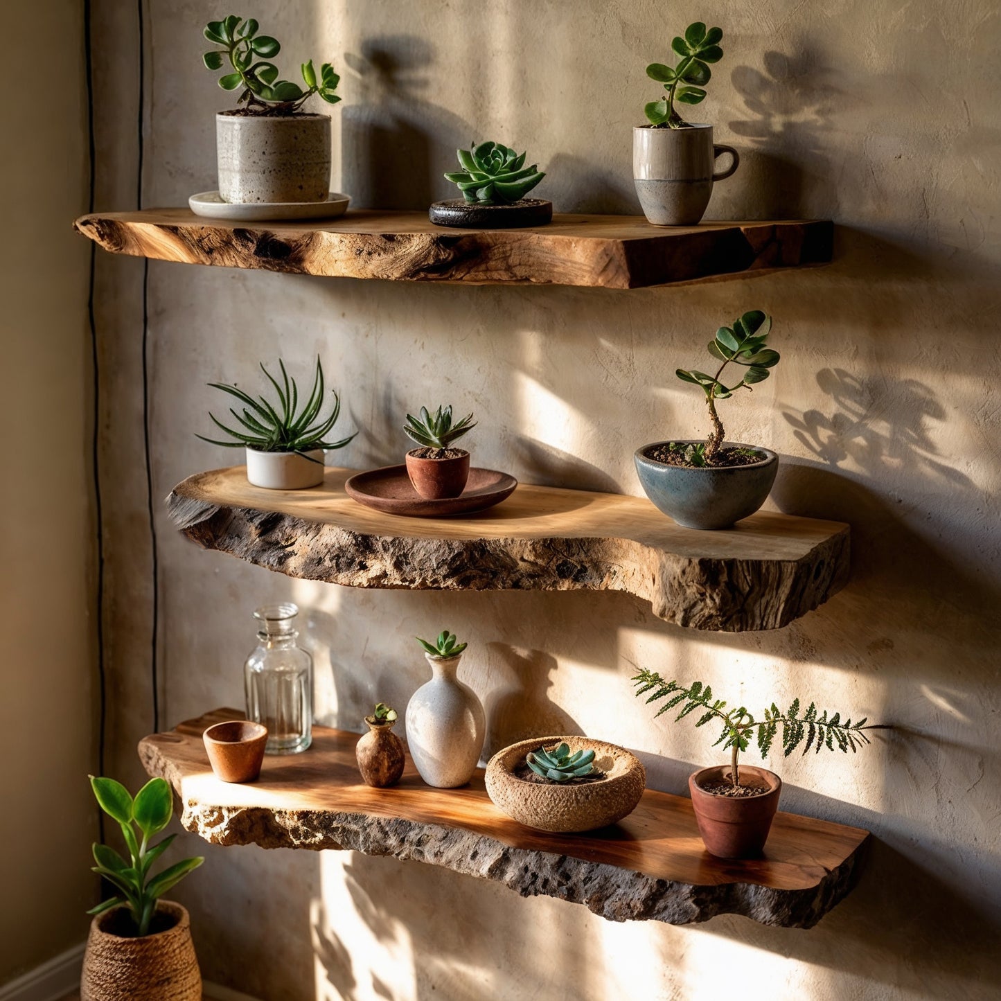 TrioBloom Floating Shelf Set – Handmade Live Edge Wood Wall Display for Plants & Decor - Bespoke Wood TTK