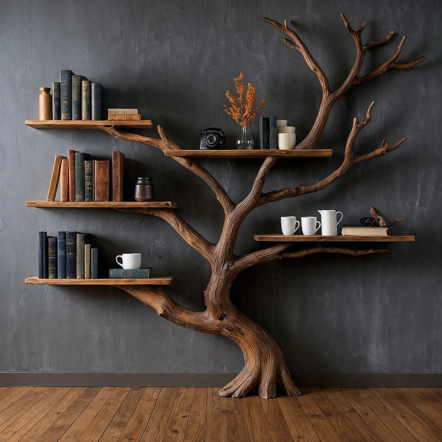 ShadowBark Tree Bookshelf – Handmade Wooden Wall Bookcase for Rustic Living Spaces - Bespoke Wood TTK