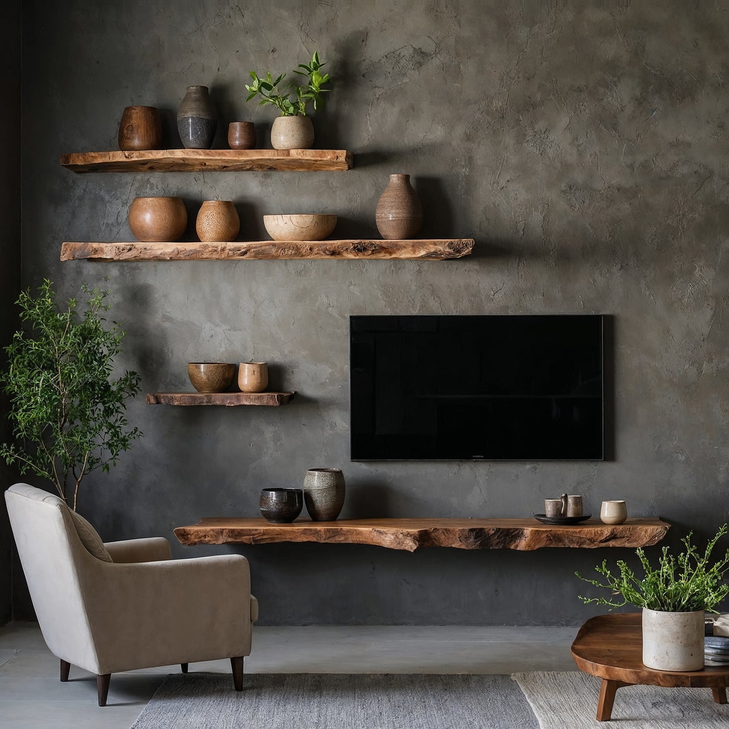 StoneBark Floating Shelf Set – Live Edge Solid Wood Wall Display for Modern Homes - Bespoke Wood TTK