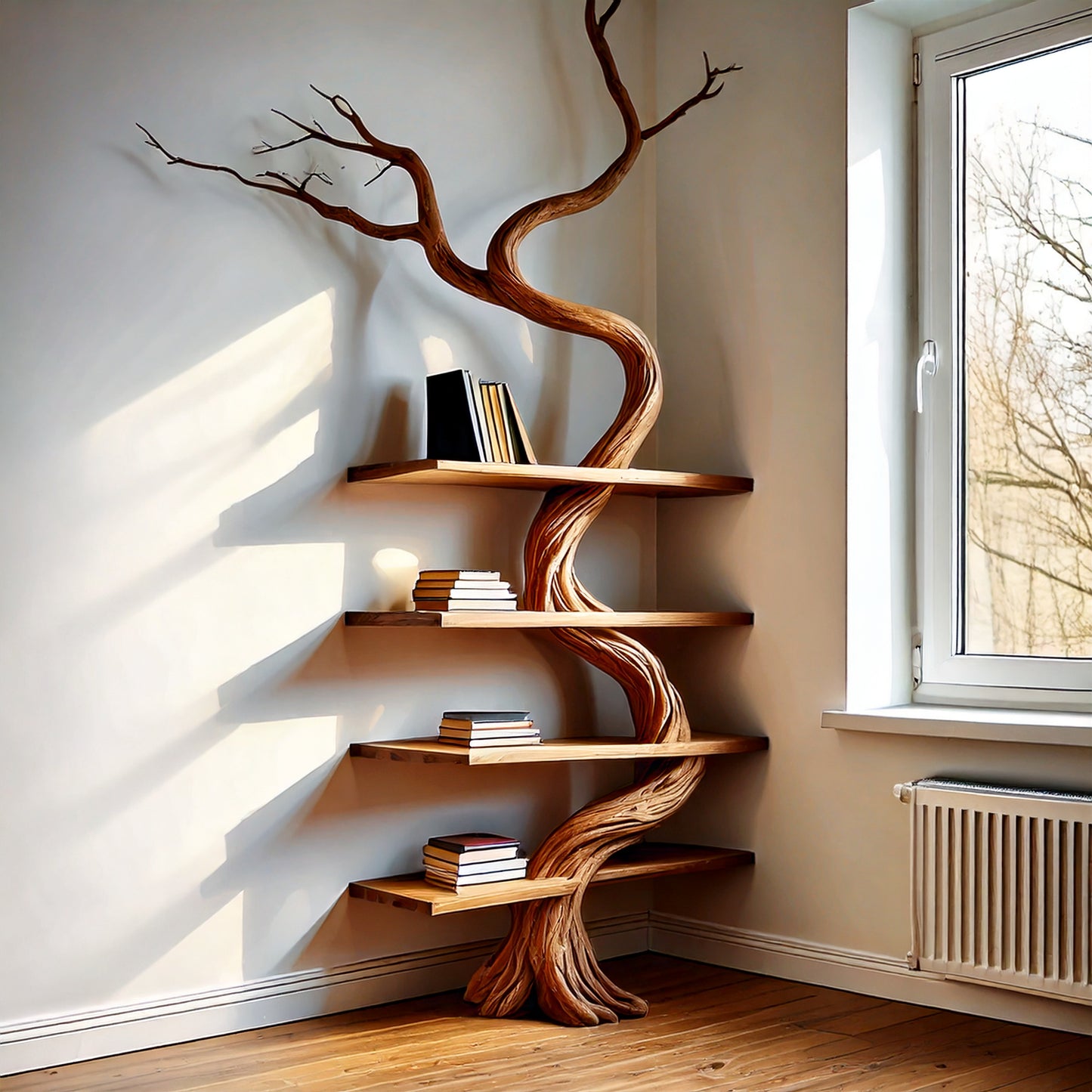 WillowTwist Tree Shelf – Floating Driftwood Corner Bookcase for Rustic Decor - Bespoke Wood TTK
