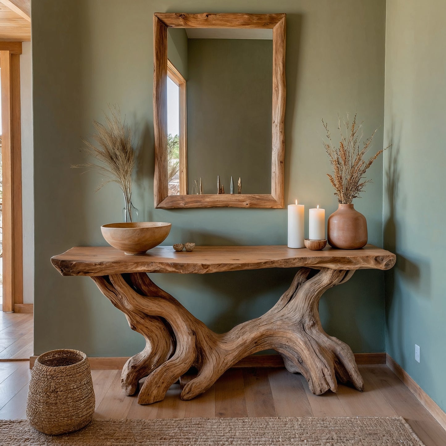 RootHollow Console Table – Handmade Rustic Entry Table with Live Edge Design - Bespoke Wood TTK