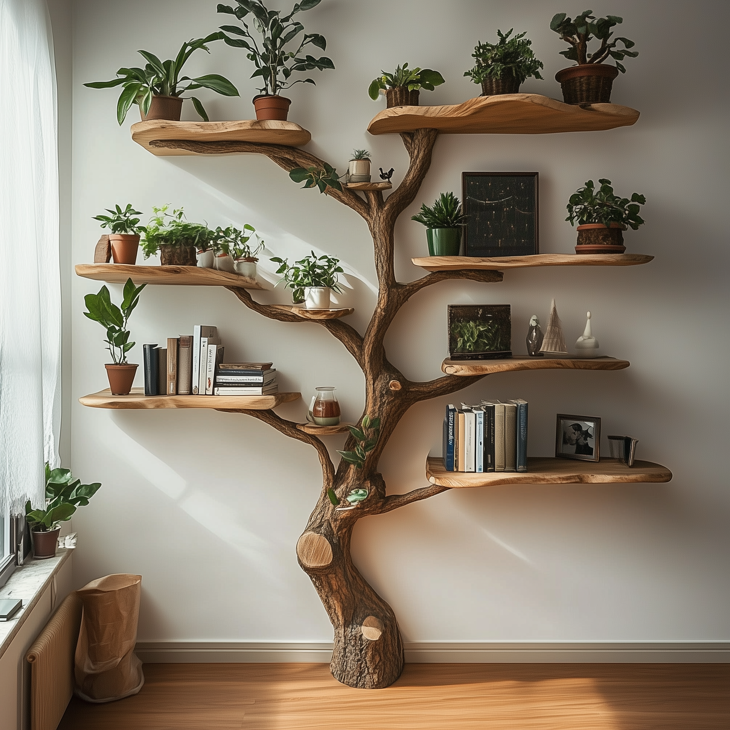 VerdantRoot Tree Bookshelf – Rustic Handmade Wooden Wall Shelf for Eco-Conscious Living - Bespoke Wood TTK