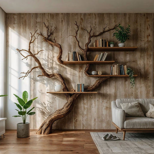 RootRise Tree Wall Bookshelf | Handcrafted Rustic Driftwood Bookcase - Bespoke Wood TTK