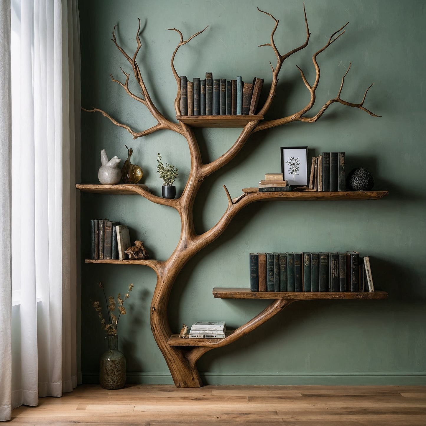 Elmspire Tree Bookshelf – Handcrafted Wooden Wall Bookcase for Nature-Inspired Spaces - Bespoke Wood TTK