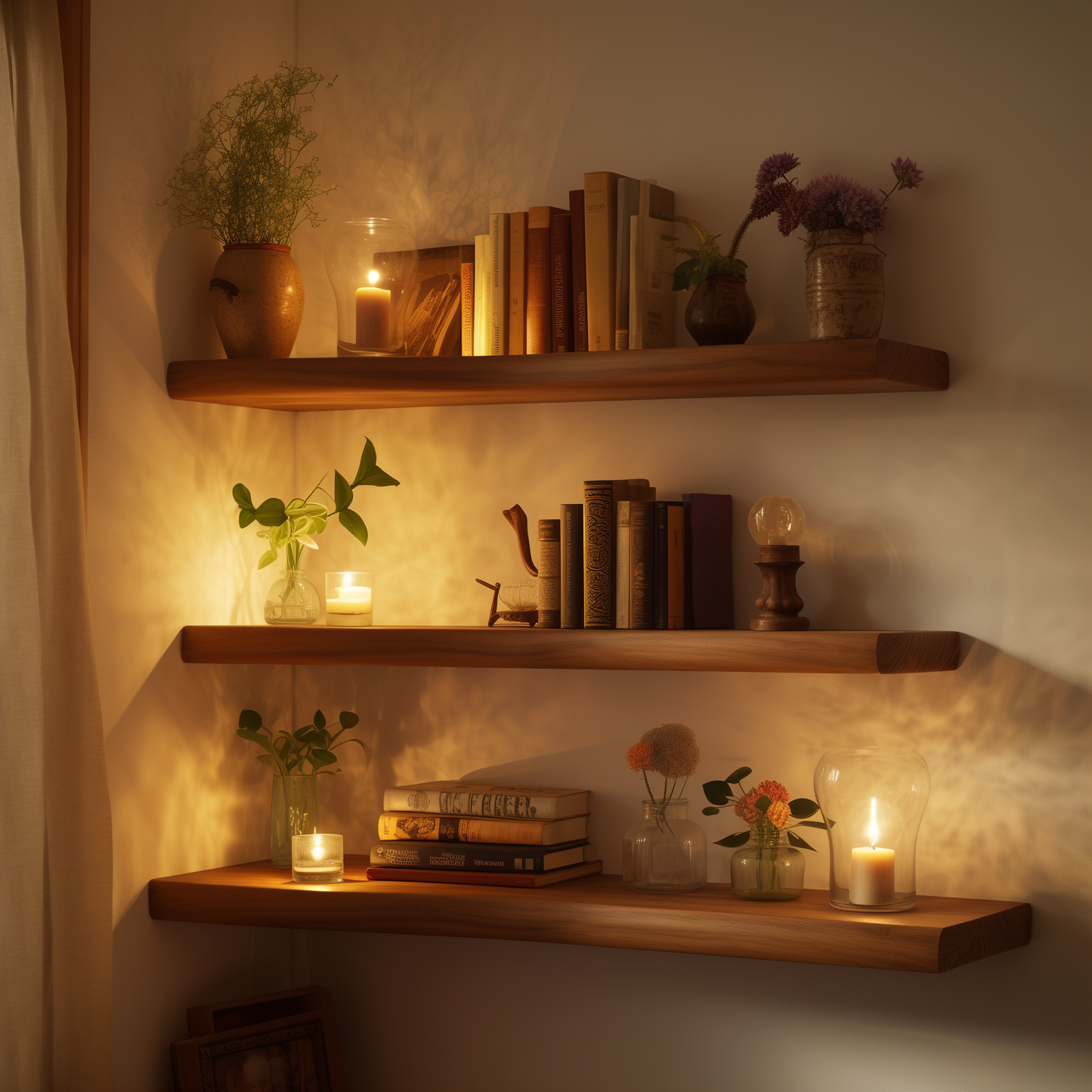 AmberRoot Floating Shelf – Rustic Wooden Wall Shelves With Candlelight Glow For Cozy Home Corners - Bespoke Wood TTK