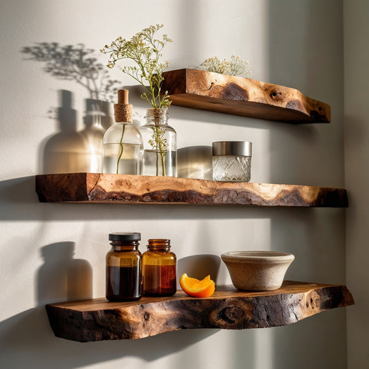 TimberNest Solid Wood Live Edge Corner Shelf – Floating Wall Display - Bespoke Wood TTK