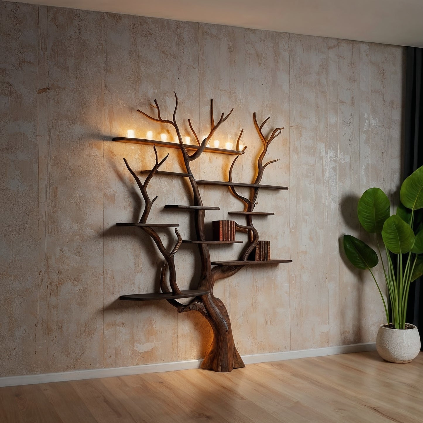 ShadowBark Tree Console Shelf – Handmade Driftwood Bookshelf with Wall-Mounted Lighting - Bespoke Wood TTK