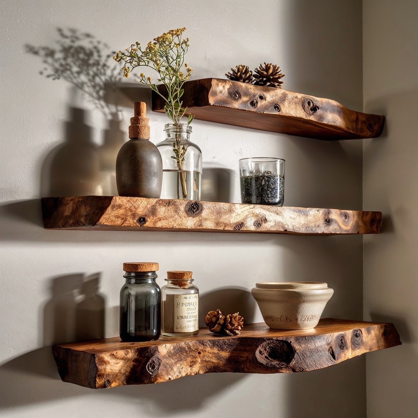 TimberNest Solid Wood Live Edge Corner Shelf – Floating Wall Display - Bespoke Wood TTK