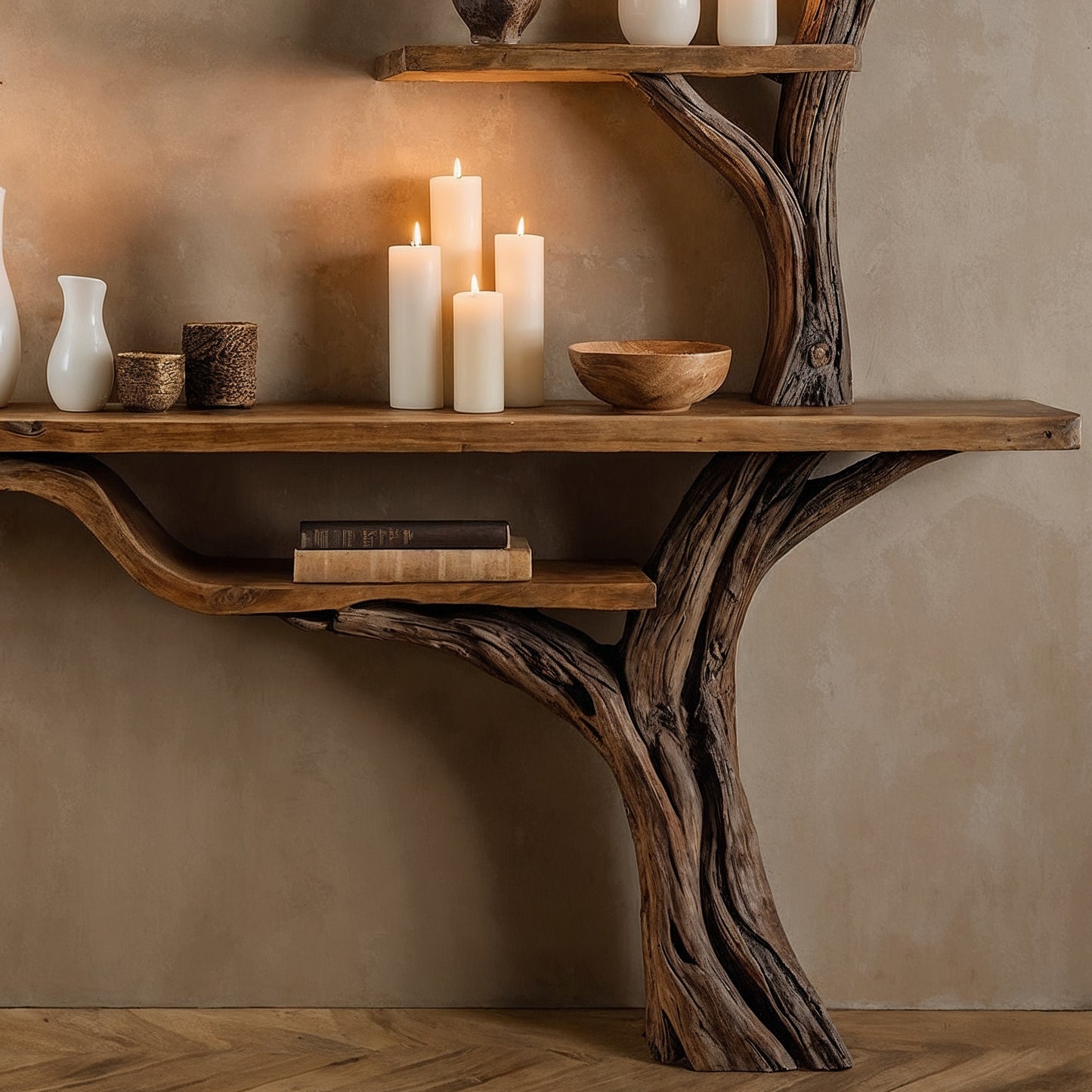 GlowTrunk Tree Console Table – Live Edge Rustic Shelf Design - Bespoke Wood TTK