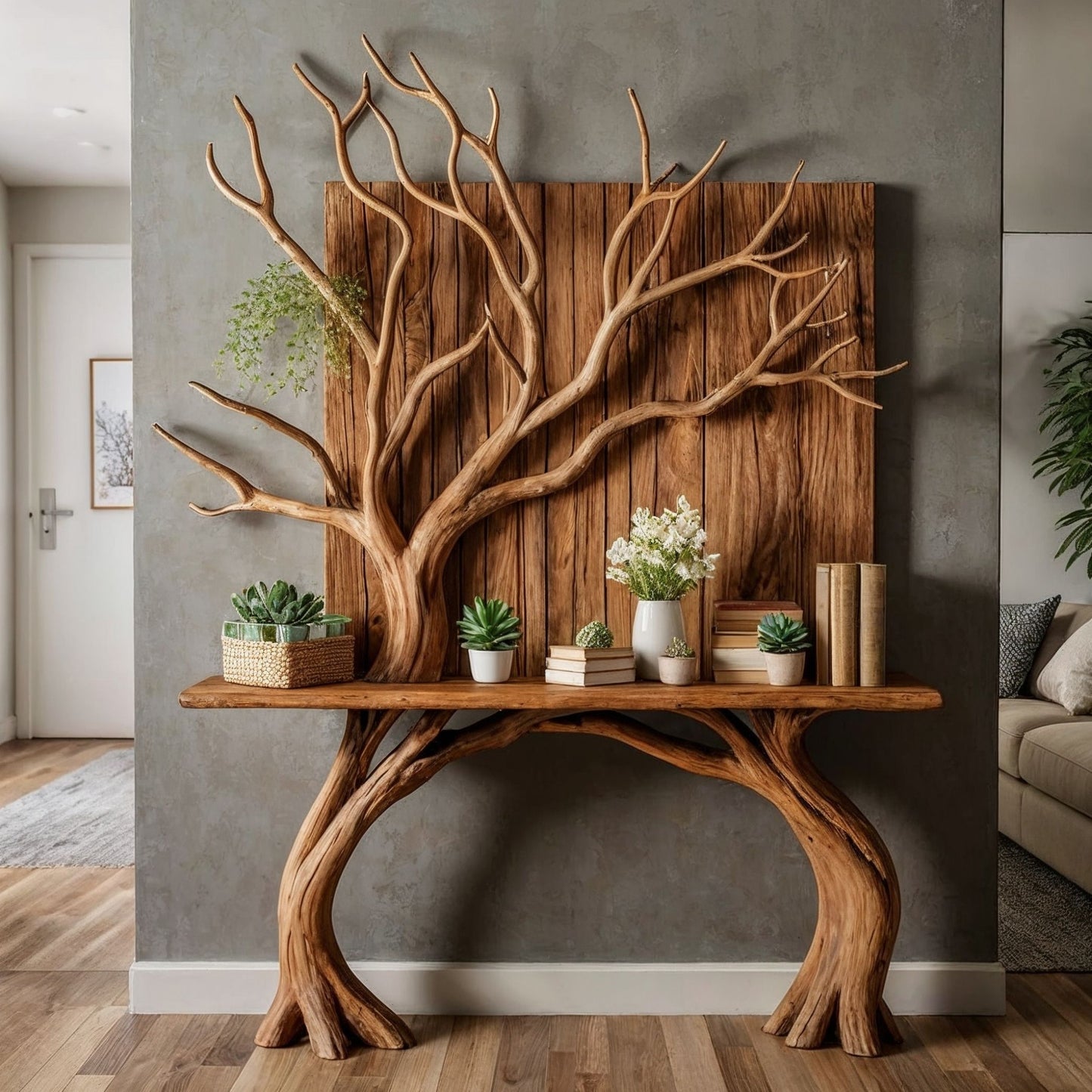 TreeRise Console Table | Handmade Live Edge Entryway with Tree Wall Decor - Bespoke Wood TTK