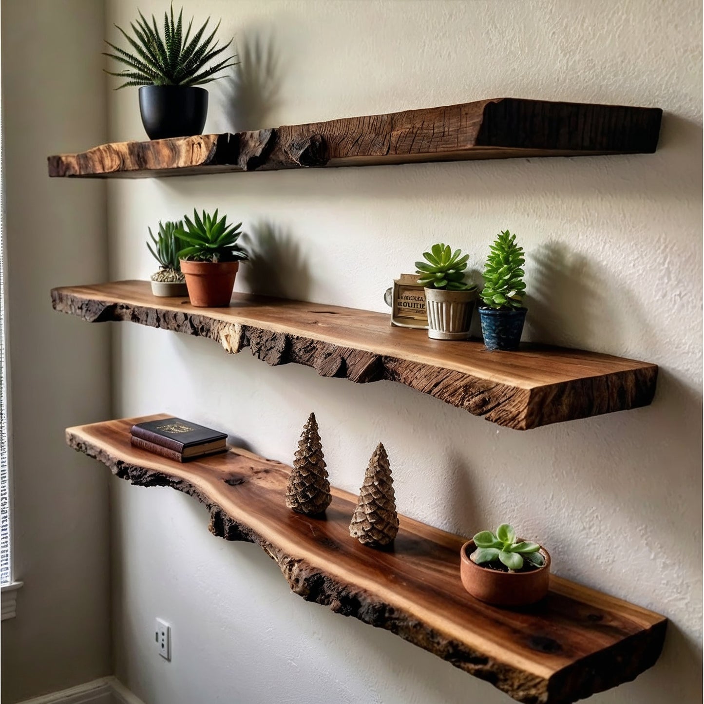 BarkHaven Floating Shelf – Rustic Live Edge Wood Wall Display for Plants & Decor - Bespoke Wood TTK