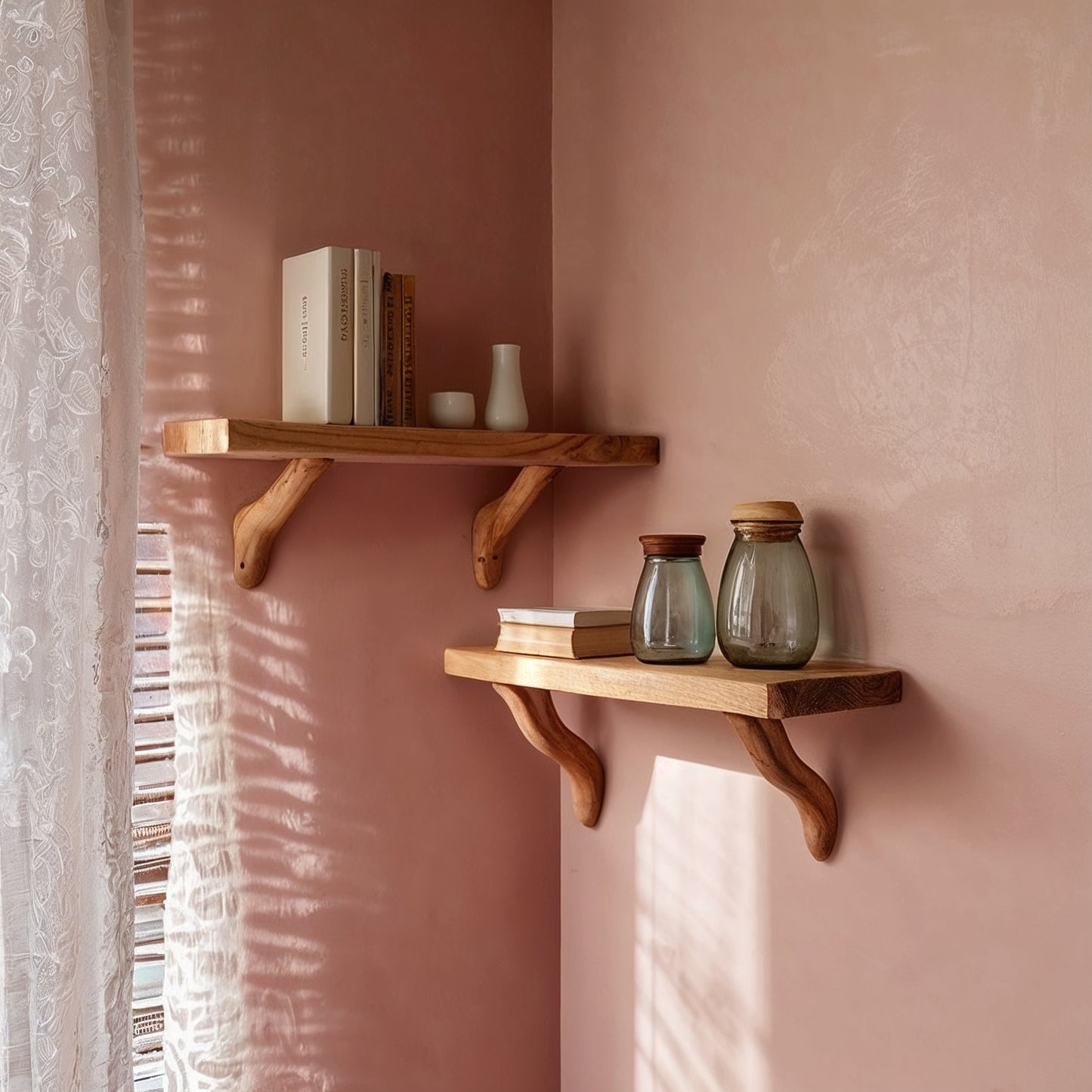 BloomBranch Wall Shelf – Handmade Solid Wood Display With Curved Brackets For Cozy Corners - Bespoke Wood TTK
