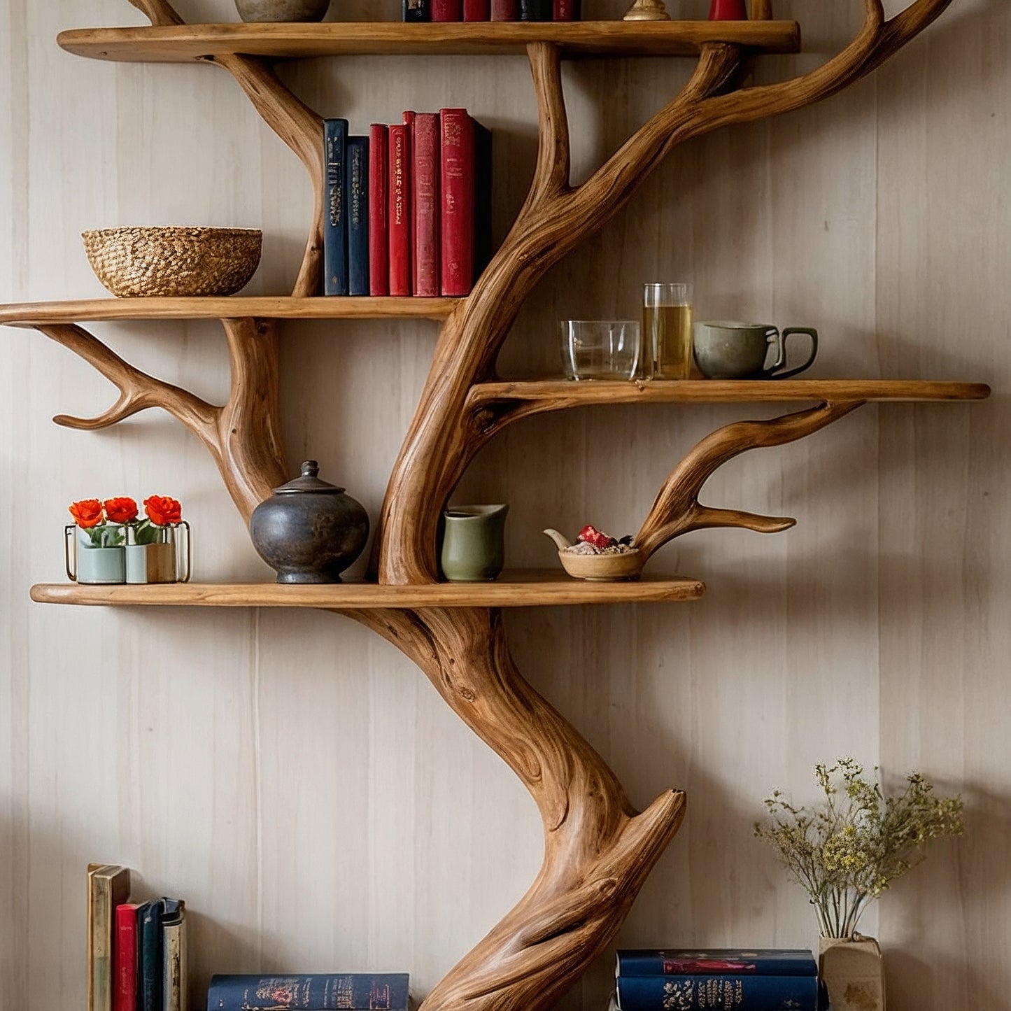 TreeWhirl Bookshelf – Handmade Rustic Tree Shelf For Nature-Inspired Home Decor - Bespoke Wood TTK