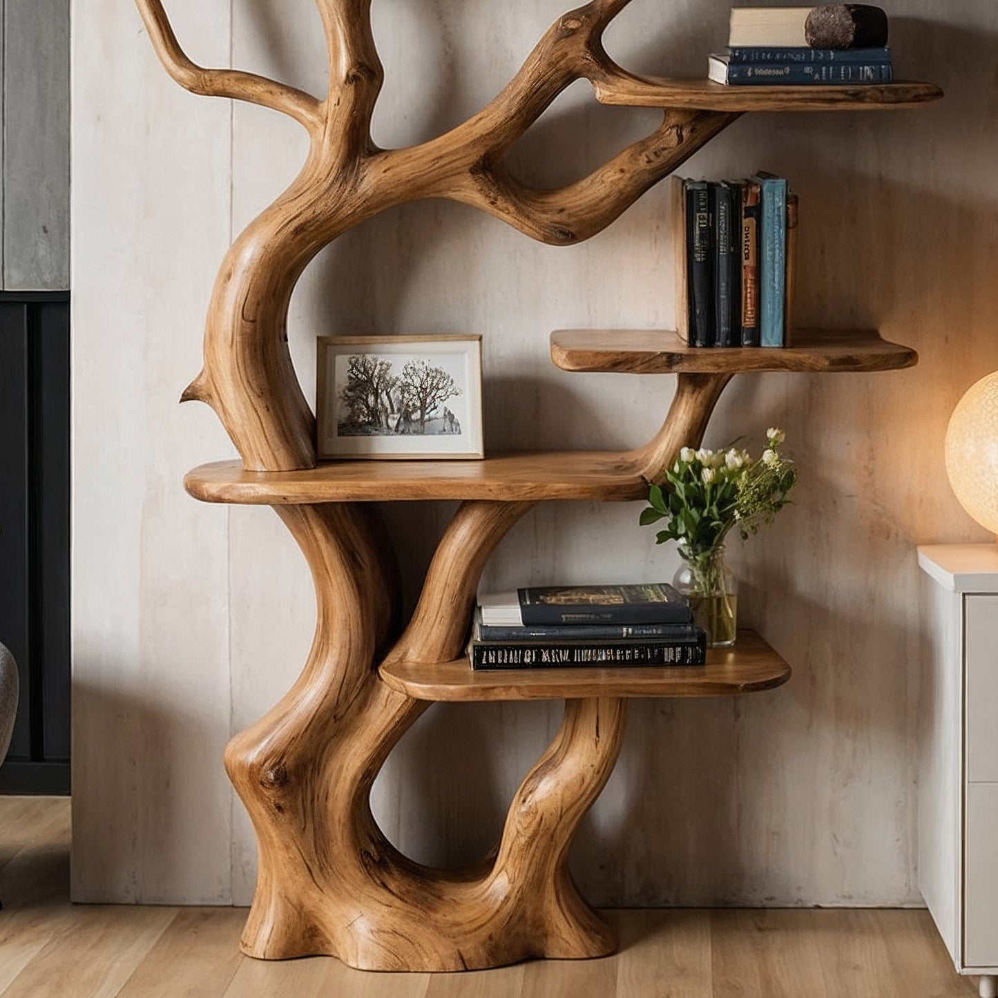 BranchMuse Tree Bookshelf – Handmade Wooden Wall Display for Books & Decor - Bespoke Wood TTK