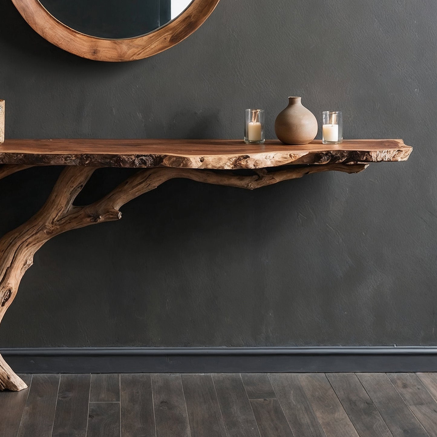 RootNest Console Table – Handmade Live Edge Entryway Table with Rustic Trunk Base - Bespoke Wood TTK