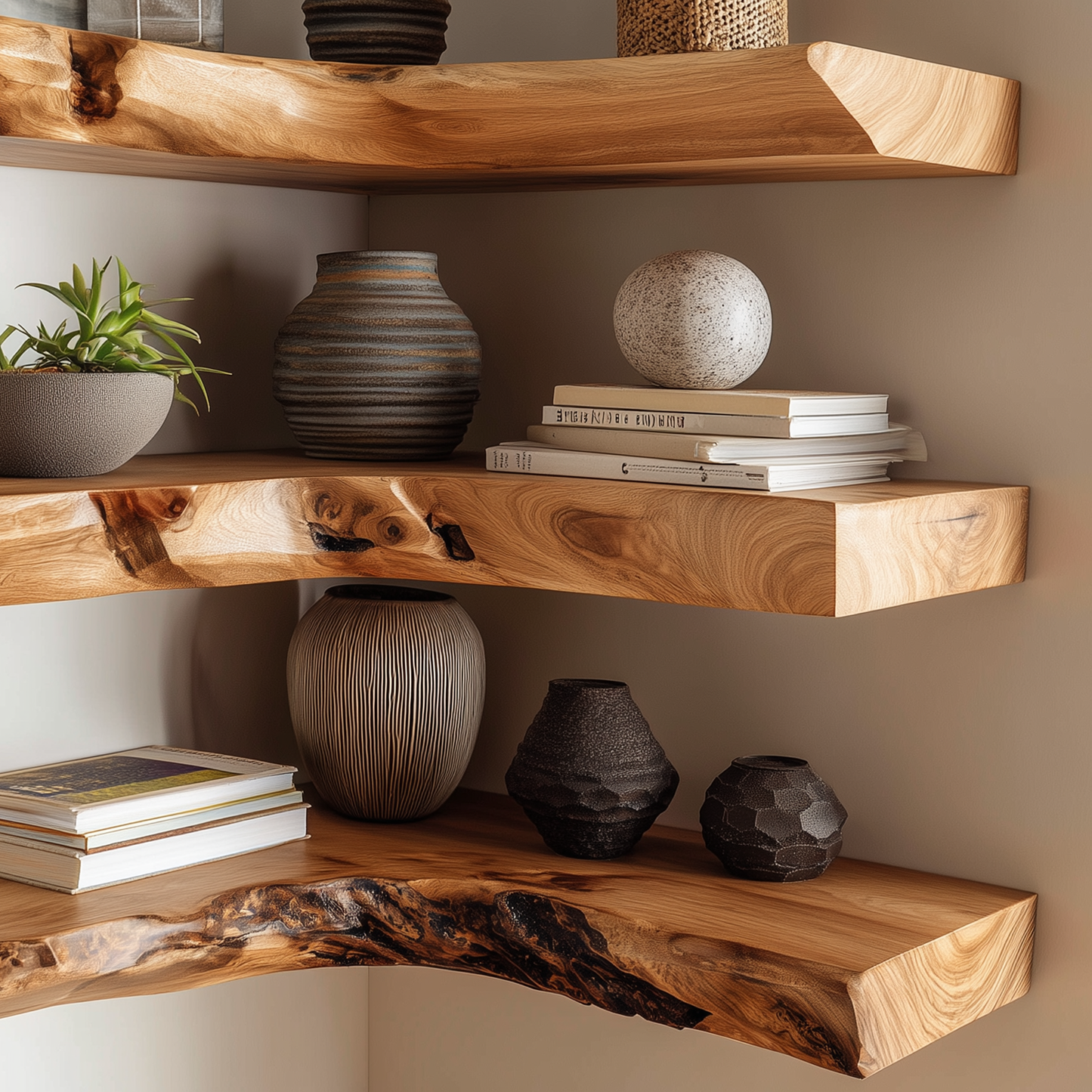 Leafaura Corner Floating Shelf - Handmade Live Edge Wood Shelf For Boho & Japandi Inspired Interiors
