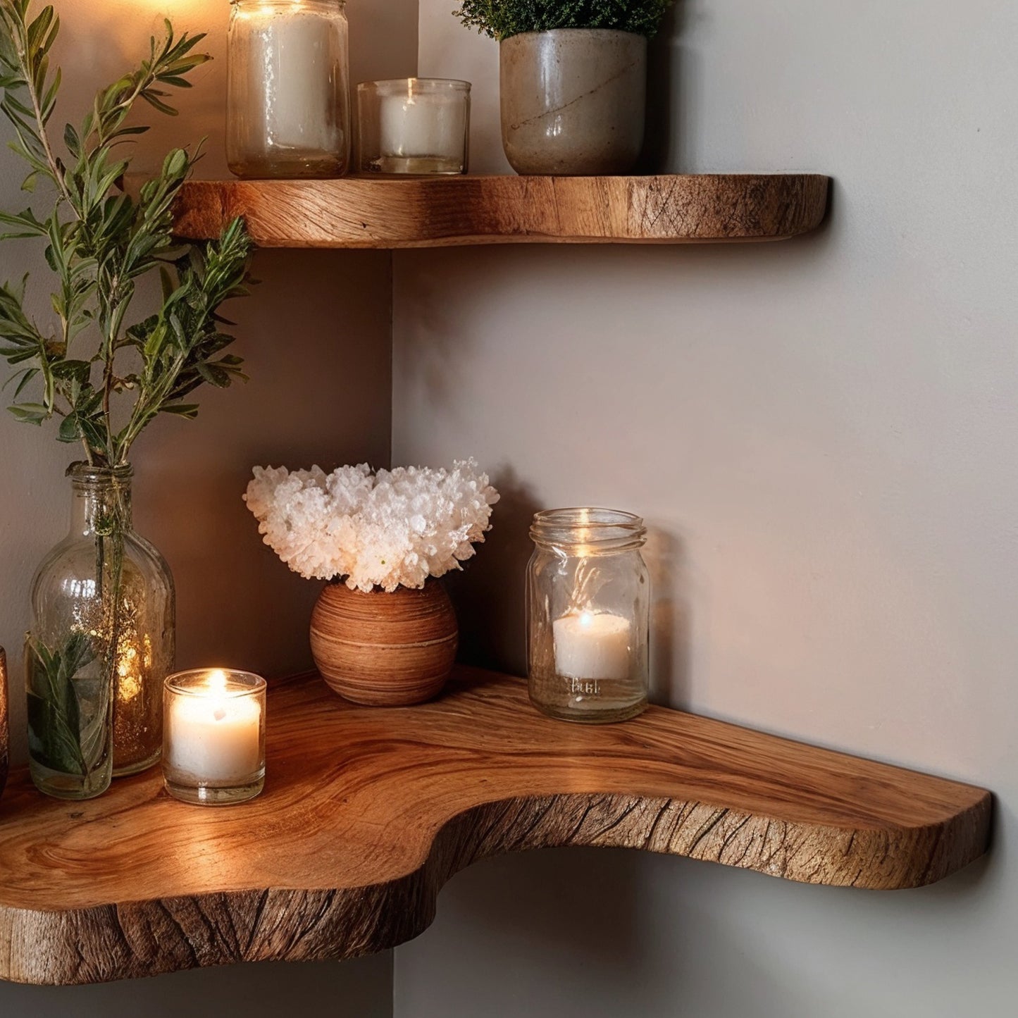 TrunkNest Corner Wall Shelf – Rustic Live Edge Floating Bookshelf for Housewarming & Decor