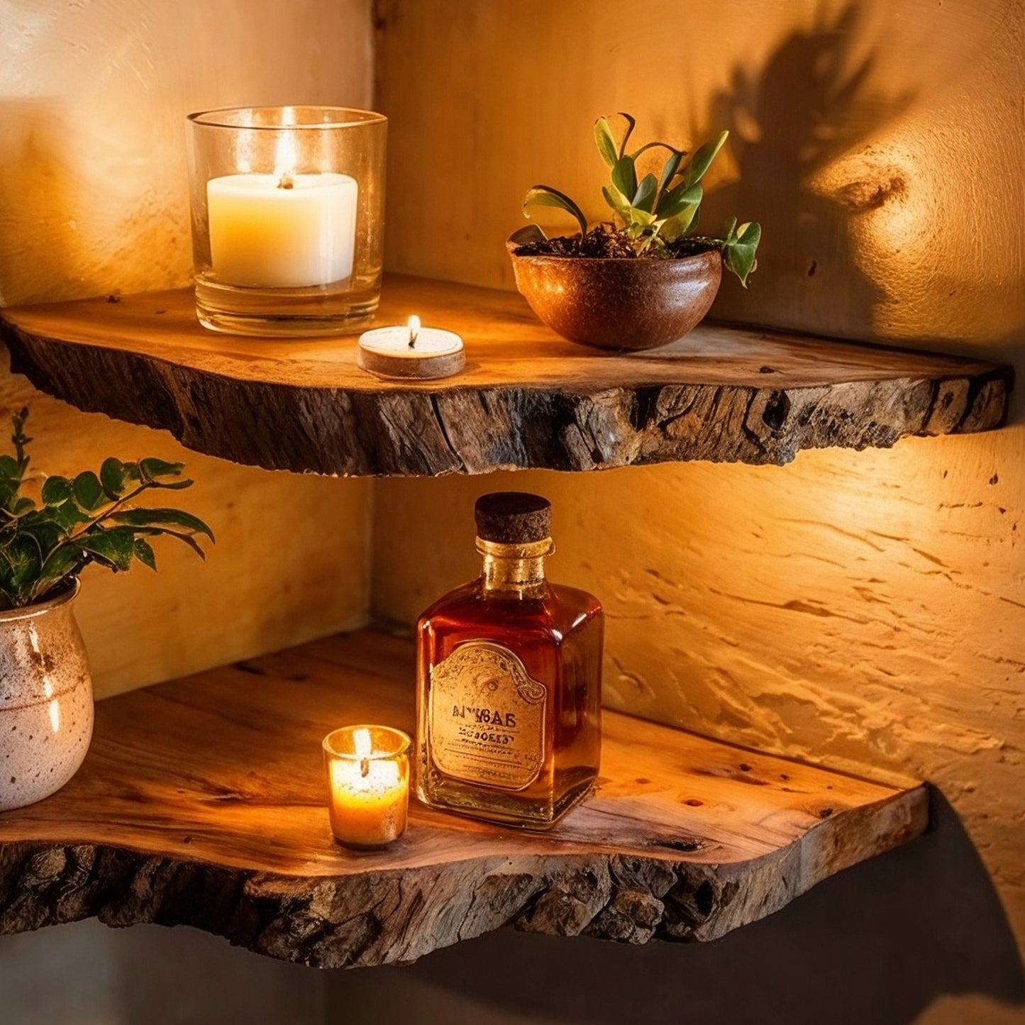 Rustic Wood Corner Shelf – Live Edge Floating Bookshelf, Wall-Mounted Home Decor, Handmade Gift Idea