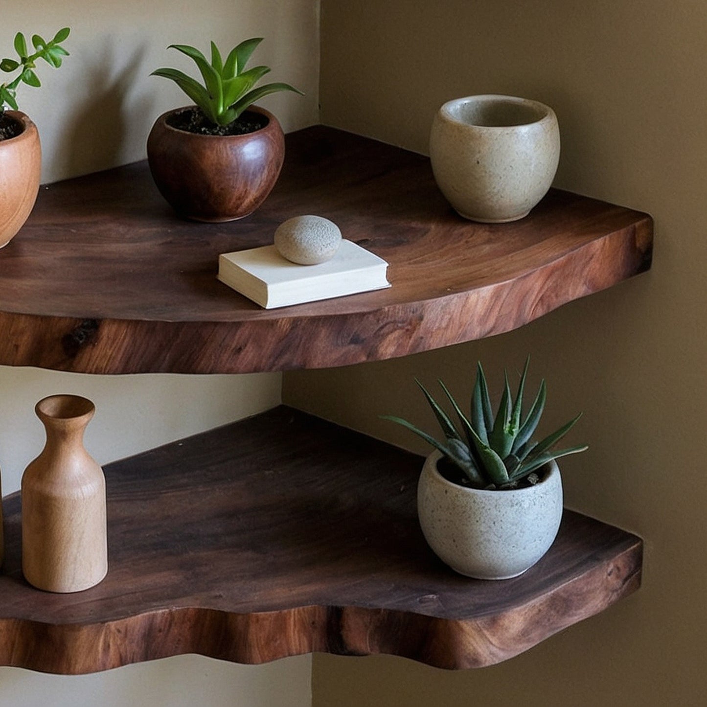 GrainLuxe Corner Floating Shelf – Live Edge Solid Wood Bookshelf for Rustic Home Decoration