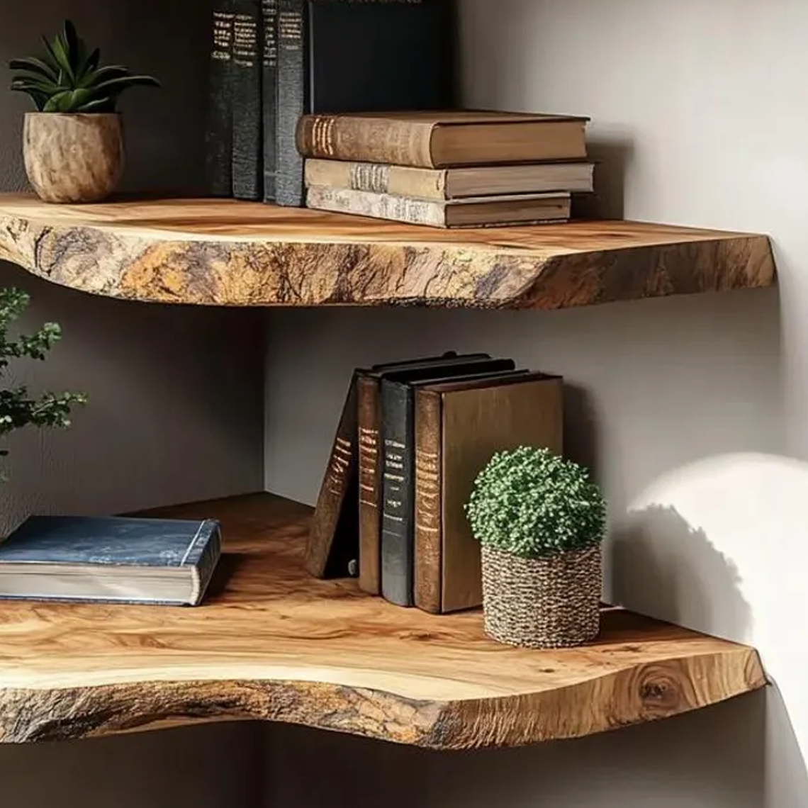 Grainhollow Corner Floating Shelf - Live Edge Rustic Solid Wood Wall Shelves For Home Decor