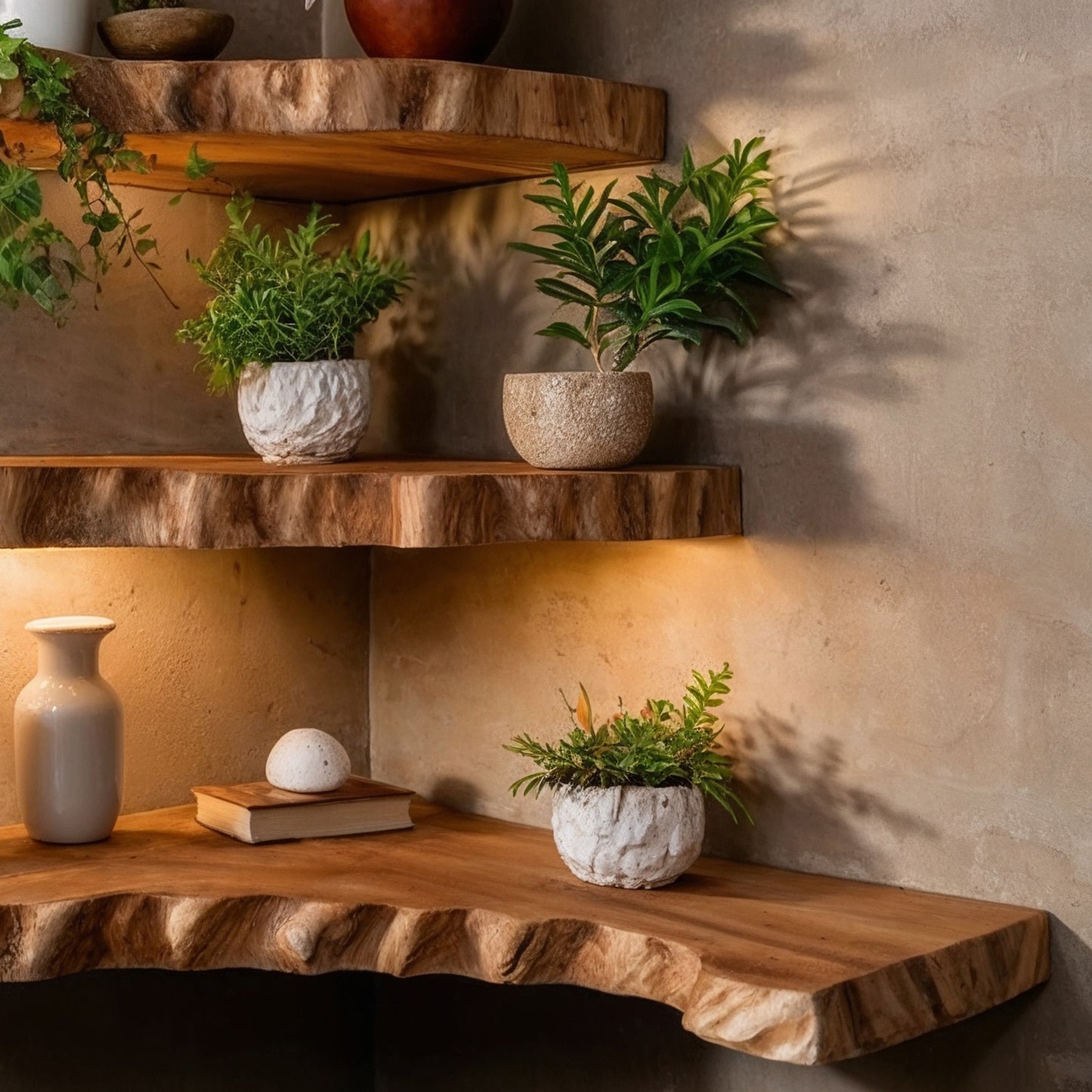 WoodBloom Corner Shelf – Handmade Live Edge Floating Wood Shelves for Boho & Japandi Interiors