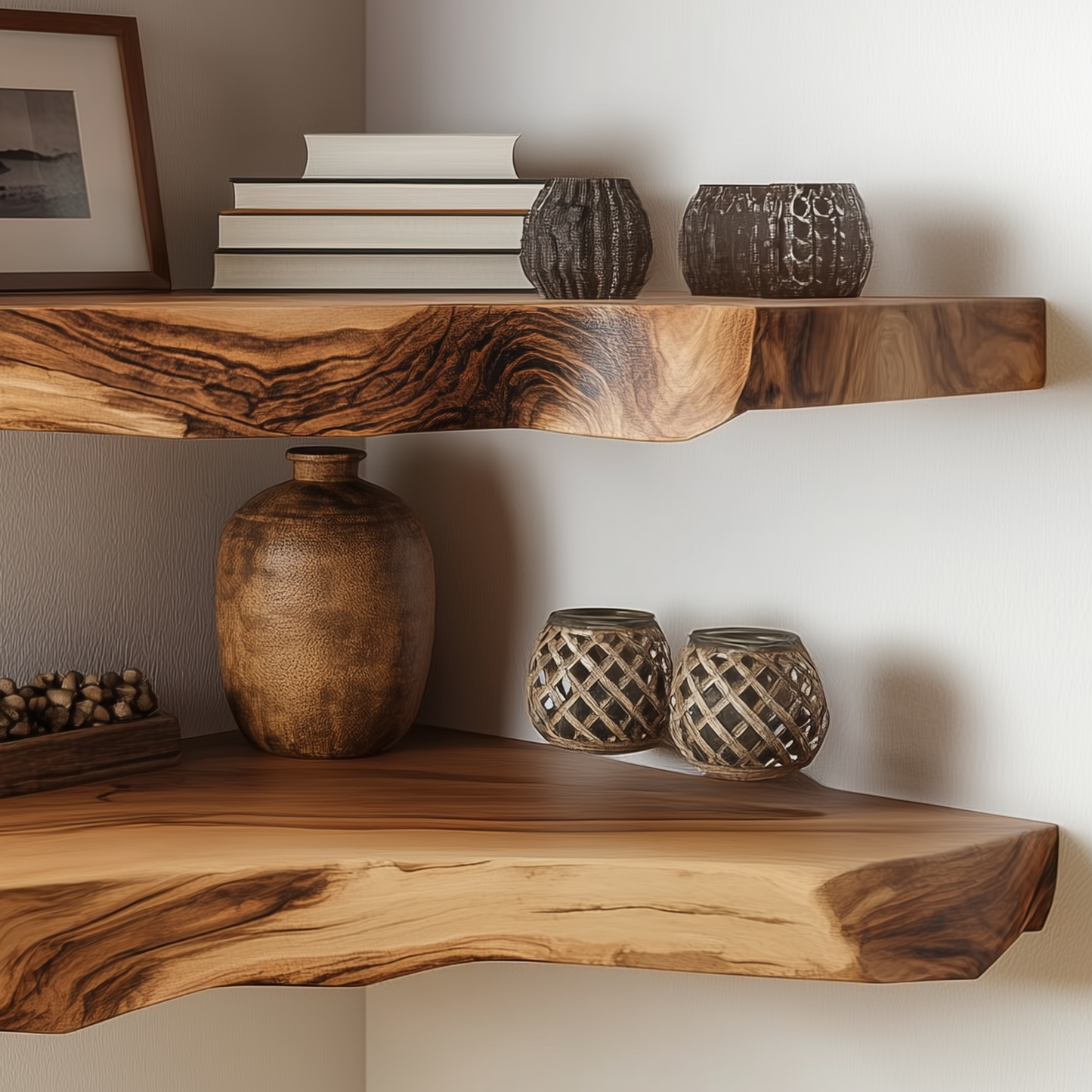 Trunkluxe Corner Floating Shelf - Rustic Live Edge Wood Wall Shelves For Storage & Decor