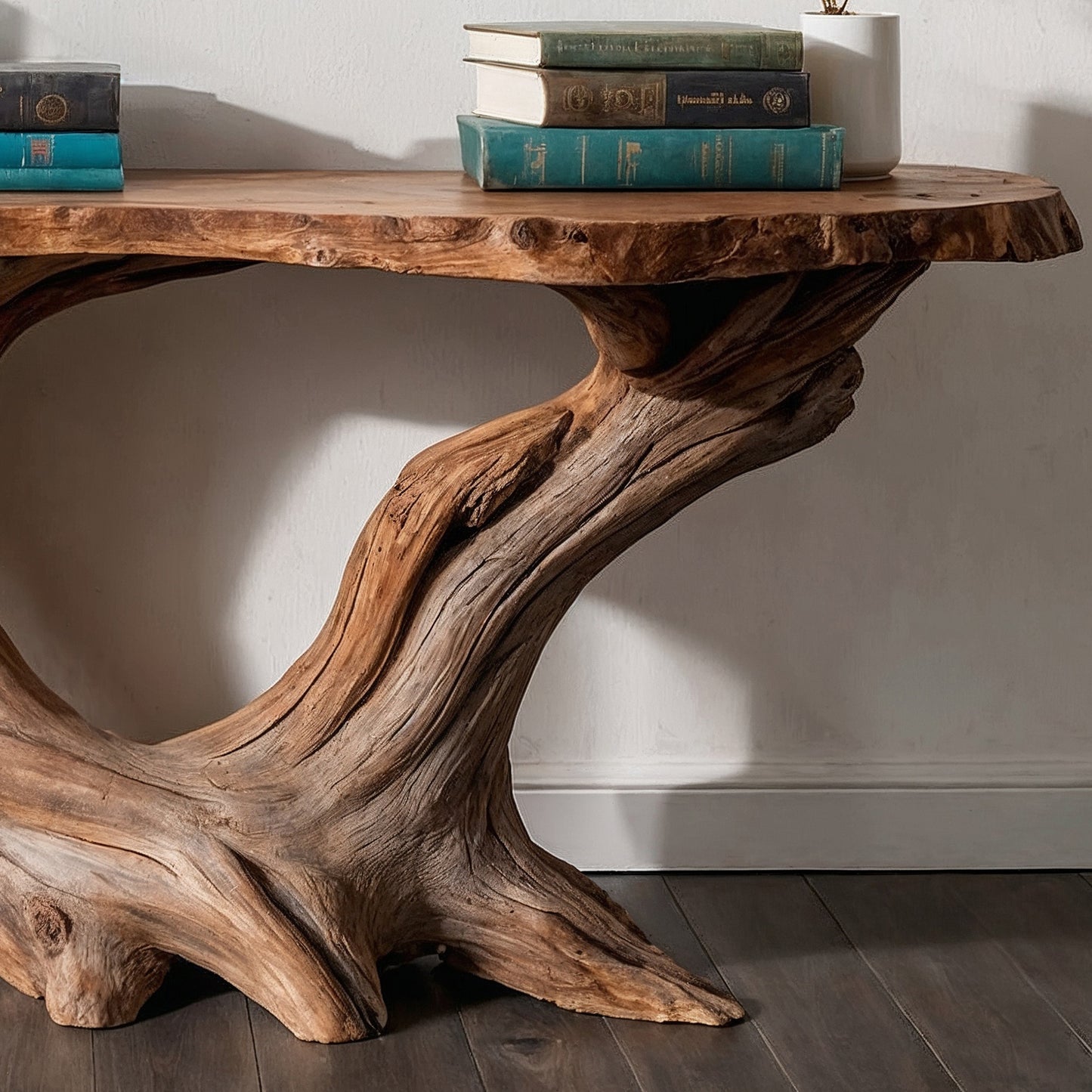 RootWeave Console Table – Handmade Rustic Entryway Table with Live Edge Top - Bespoke Wood TTK