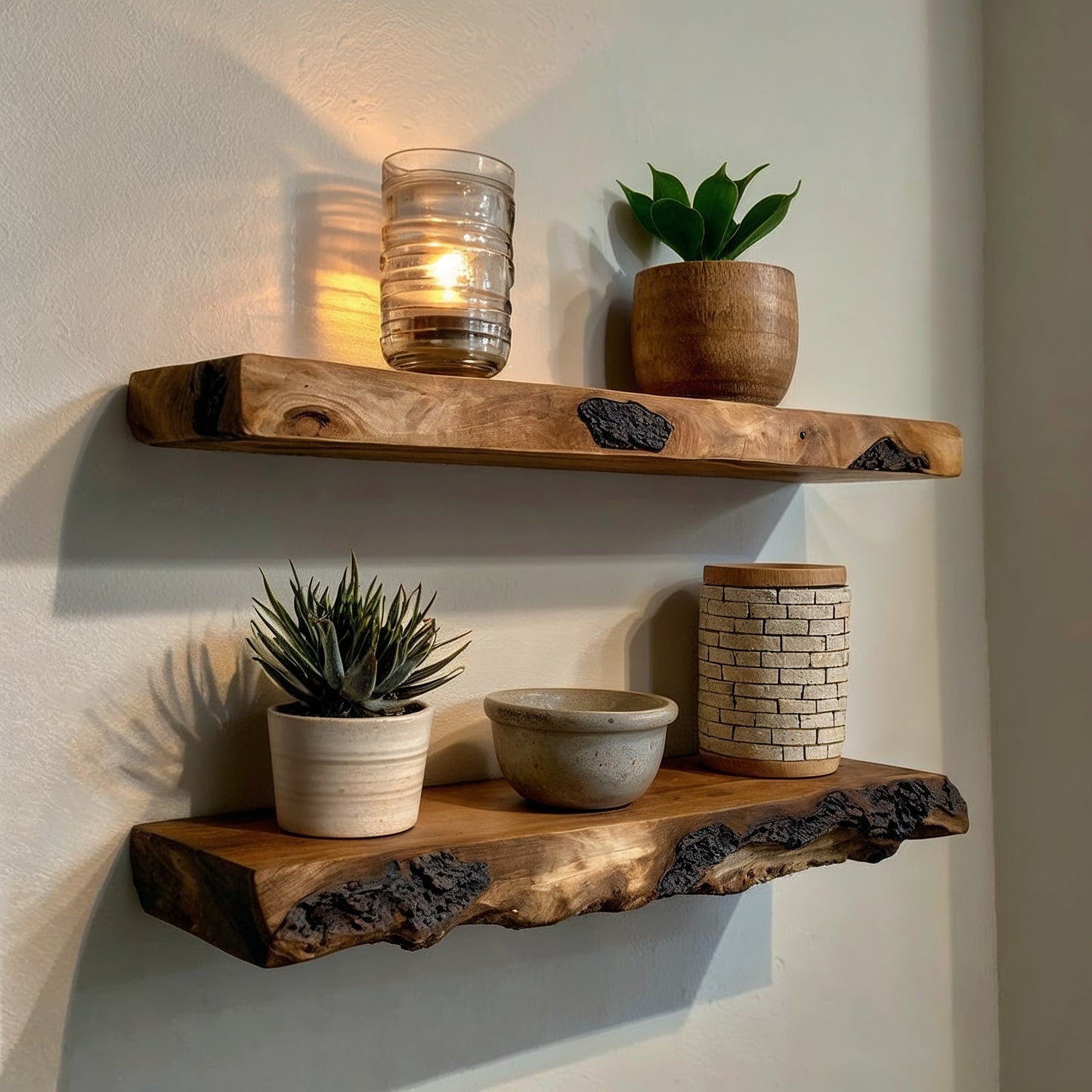 DriftMark Floating Shelf – Rustic Live Edge Wall Display for Plants & Decor - Bespoke Wood TTK