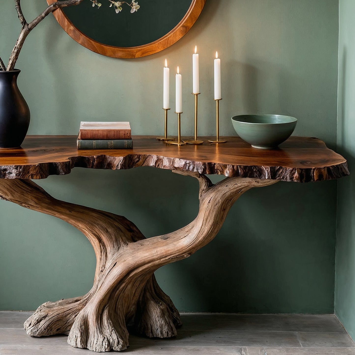 RootRise Console Table – Live Edge Handmade Entry Table with Sculpted Wood Base - Bespoke Wood TTK