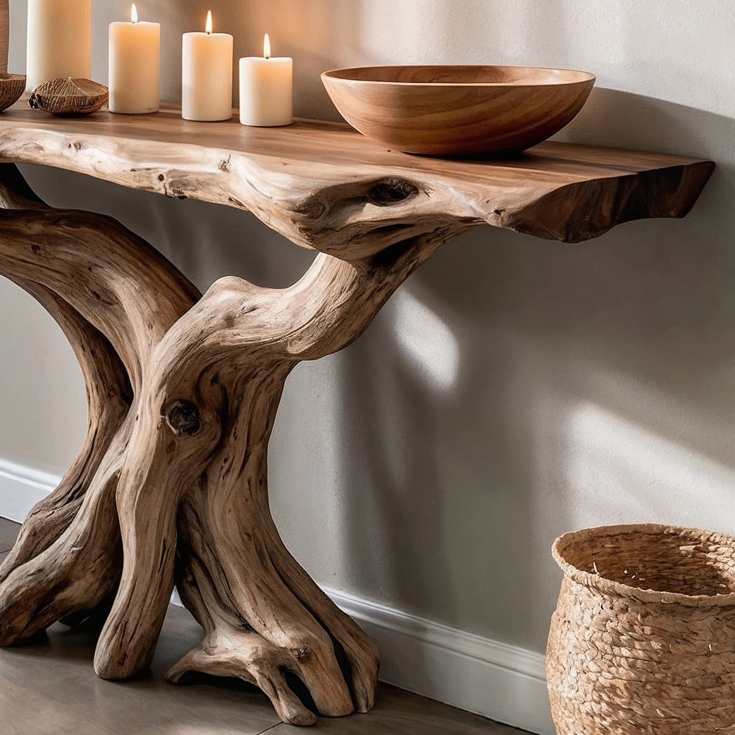 TrunkHollow Console Table – Handmade Reclaimed Wood Entryway Table with Natural Driftwood Base - Bespoke Wood TTK