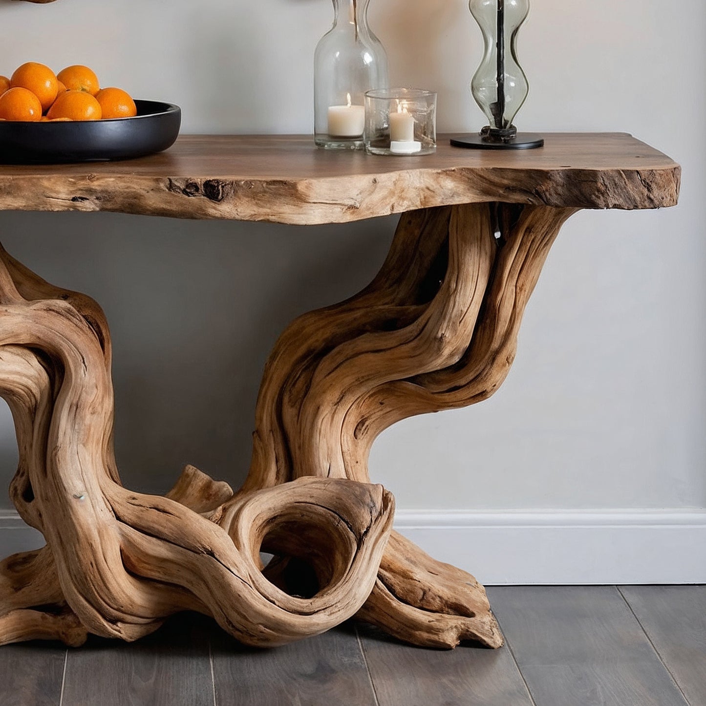 TwistRoot Console Table – Live Edge Solid Wood Entryway Table with Sculptural Base - Bespoke Wood TTK