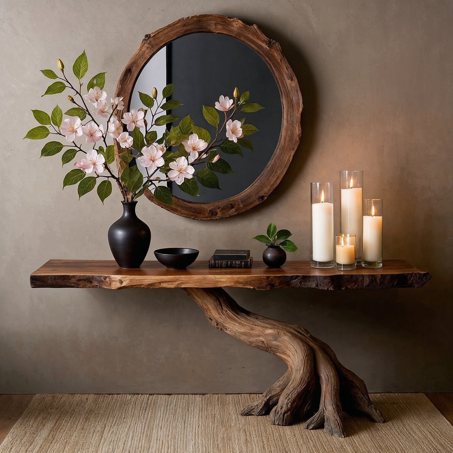 RootBloom Console Table – Handmade Live Edge Entryway Table with Natural Base - Bespoke Wood TTK
