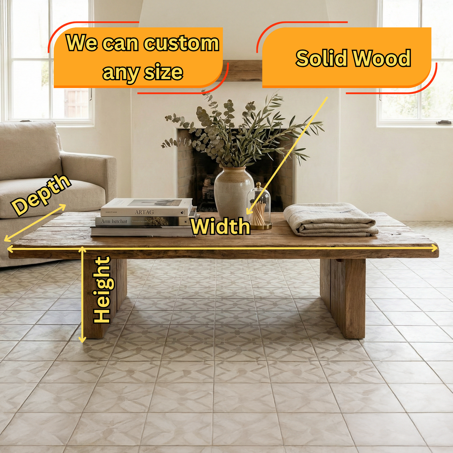 Live Edge Solid Wood Coffee Table – Rustic Solid Wood Slab Table, Handmade Low Dining & Living Table - Bespoke Wood TTK