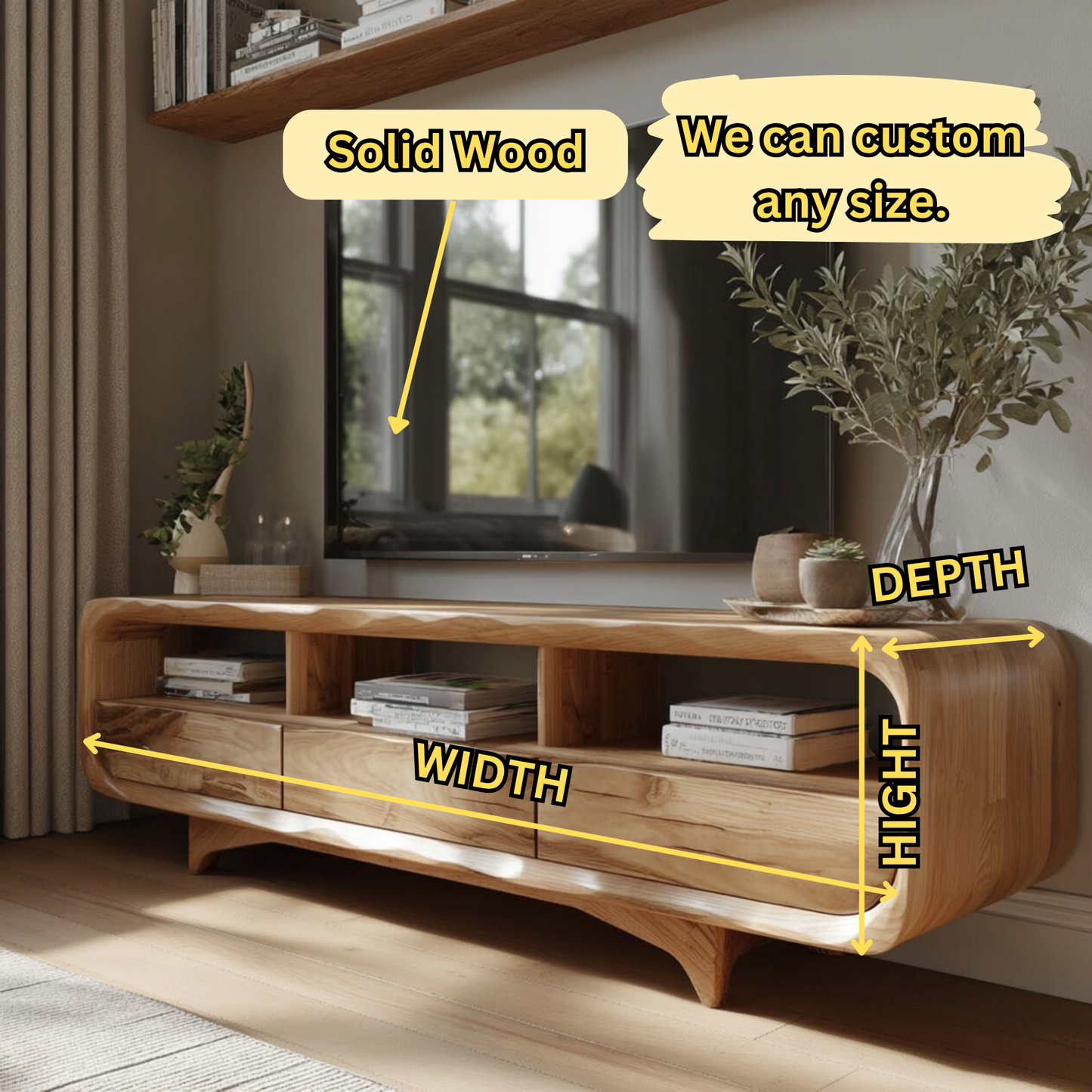 Handcrafted Solid Wood Floating Media Unit | Mid Century TV Stand with Storage - Bespoke Wood TTK