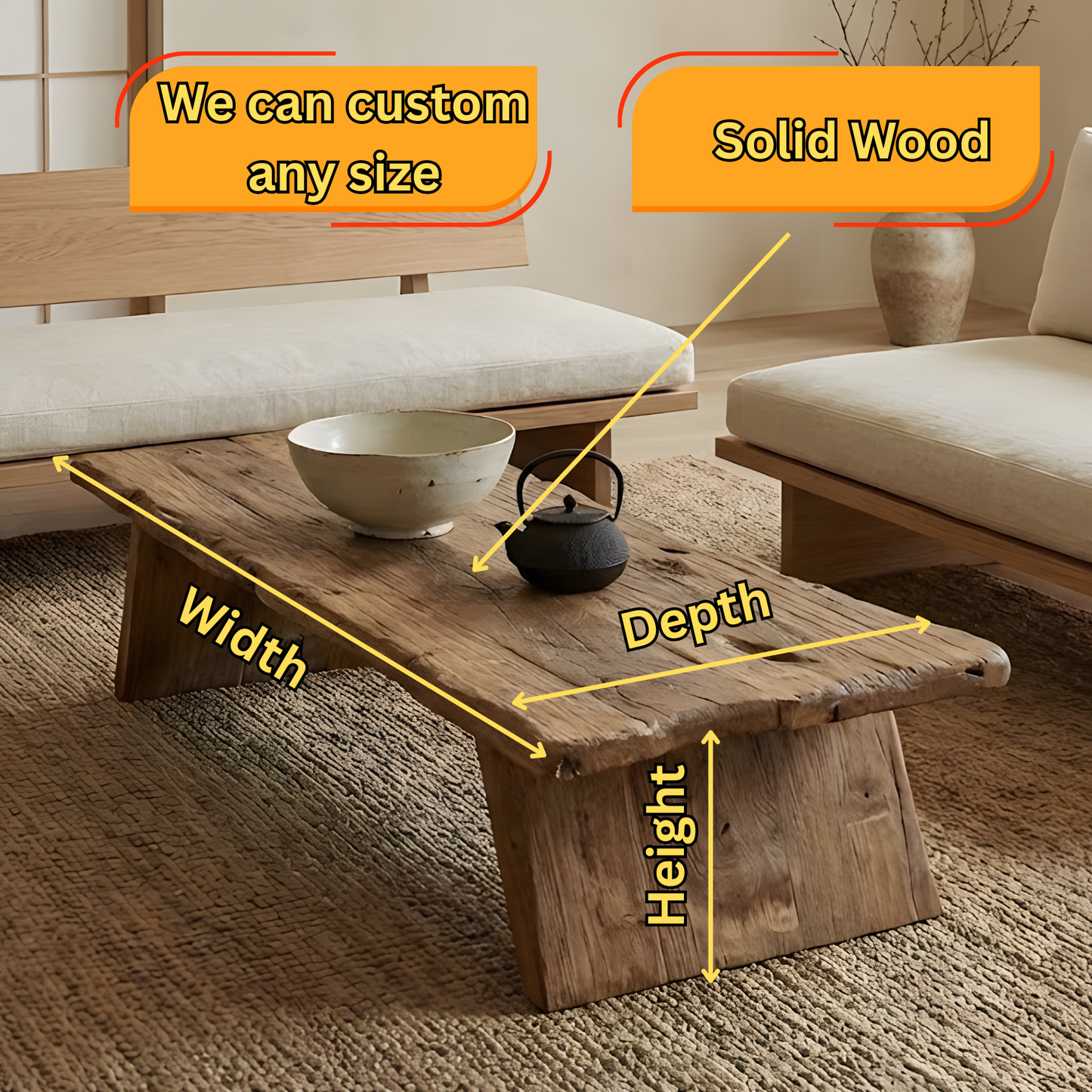 Live Edge Solid Wood Coffee Table – Rustic Low Dining & Living Room Table, Handmade Reclaimed Wood Slab - Bespoke Wood TTK