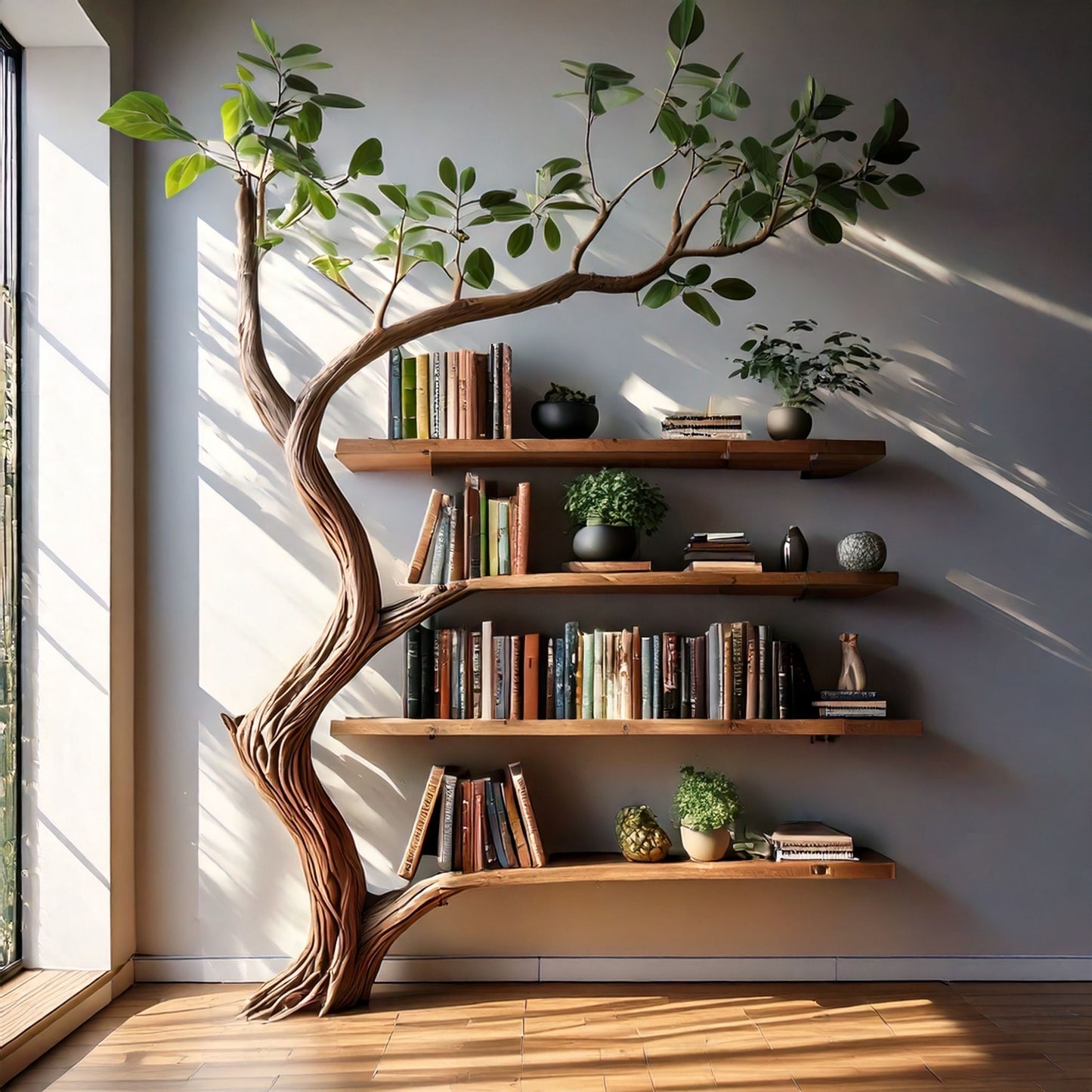 Leafspire Tree Bookshelf | Solid Wood Bookcase with Faux Leaves & Deep Shelves - Bespoke Wood TTK